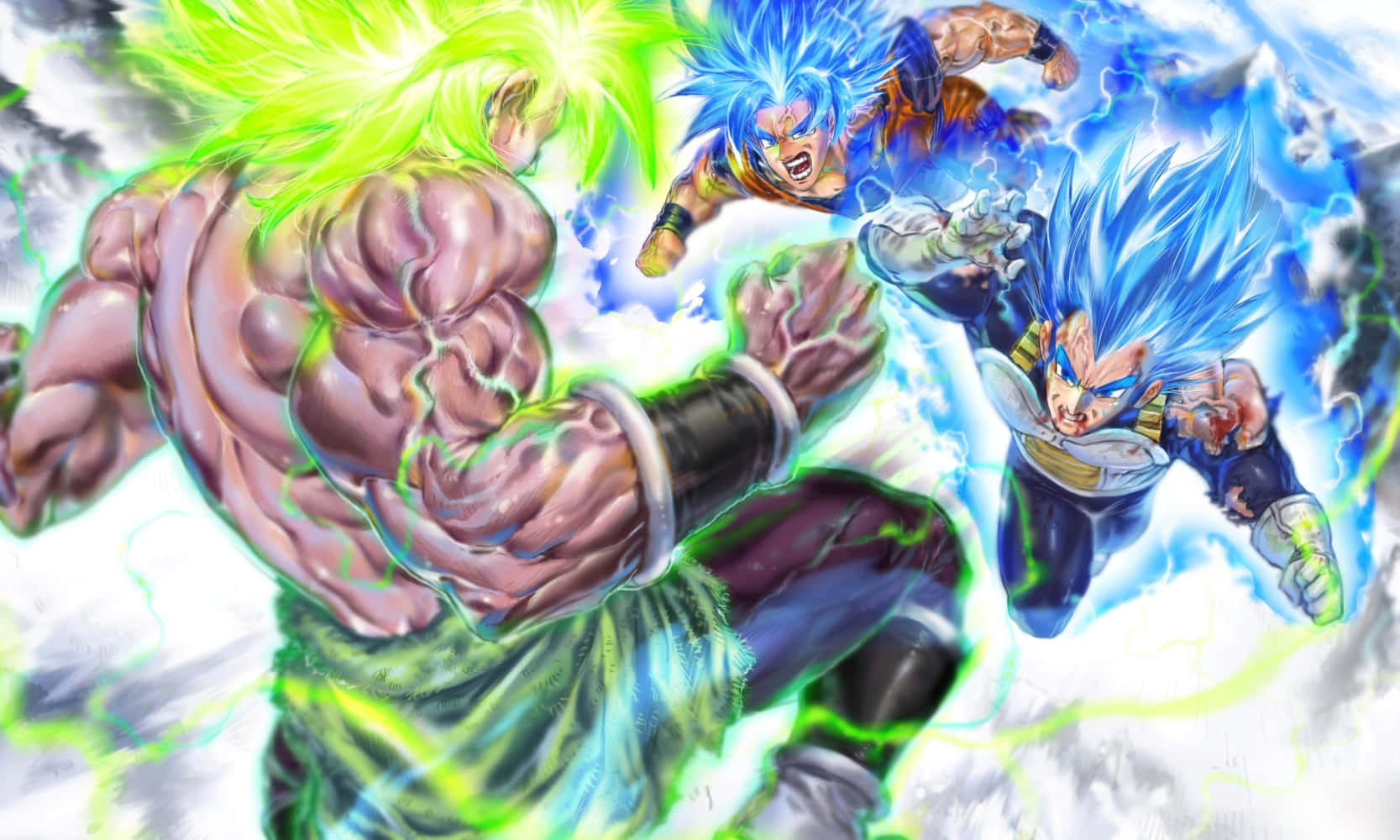 Goku og Vegeta kæmper mod Broly i Dragon Ball Super Broly. Wallpapers