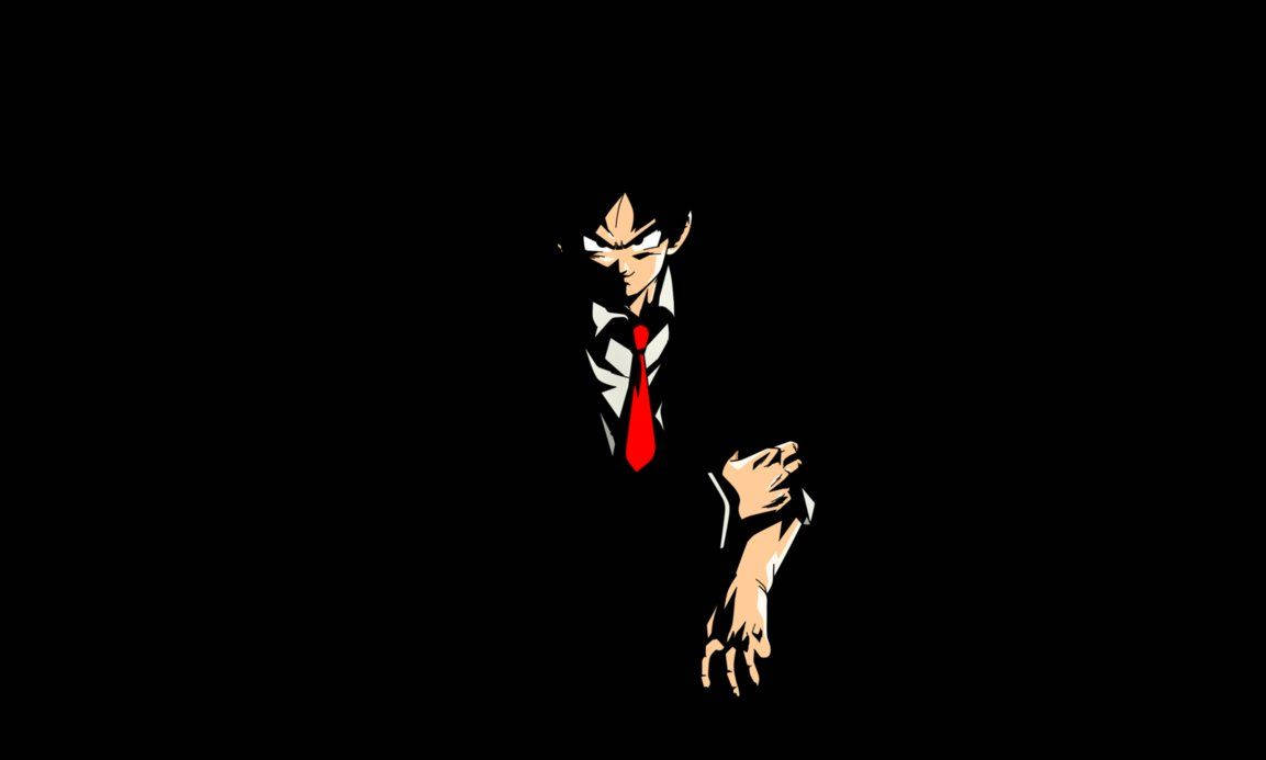 Goku-baggrundsbillede i sort smoking og sort baggrund. — Goku Wallpapers