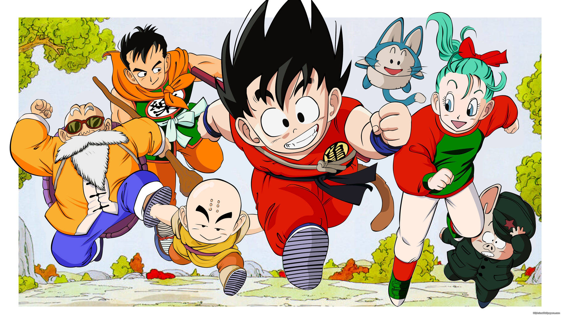 Ung San Goku og andre Dragon ball Z karakterer løber på planeten Namek. — Goku Wallpapers