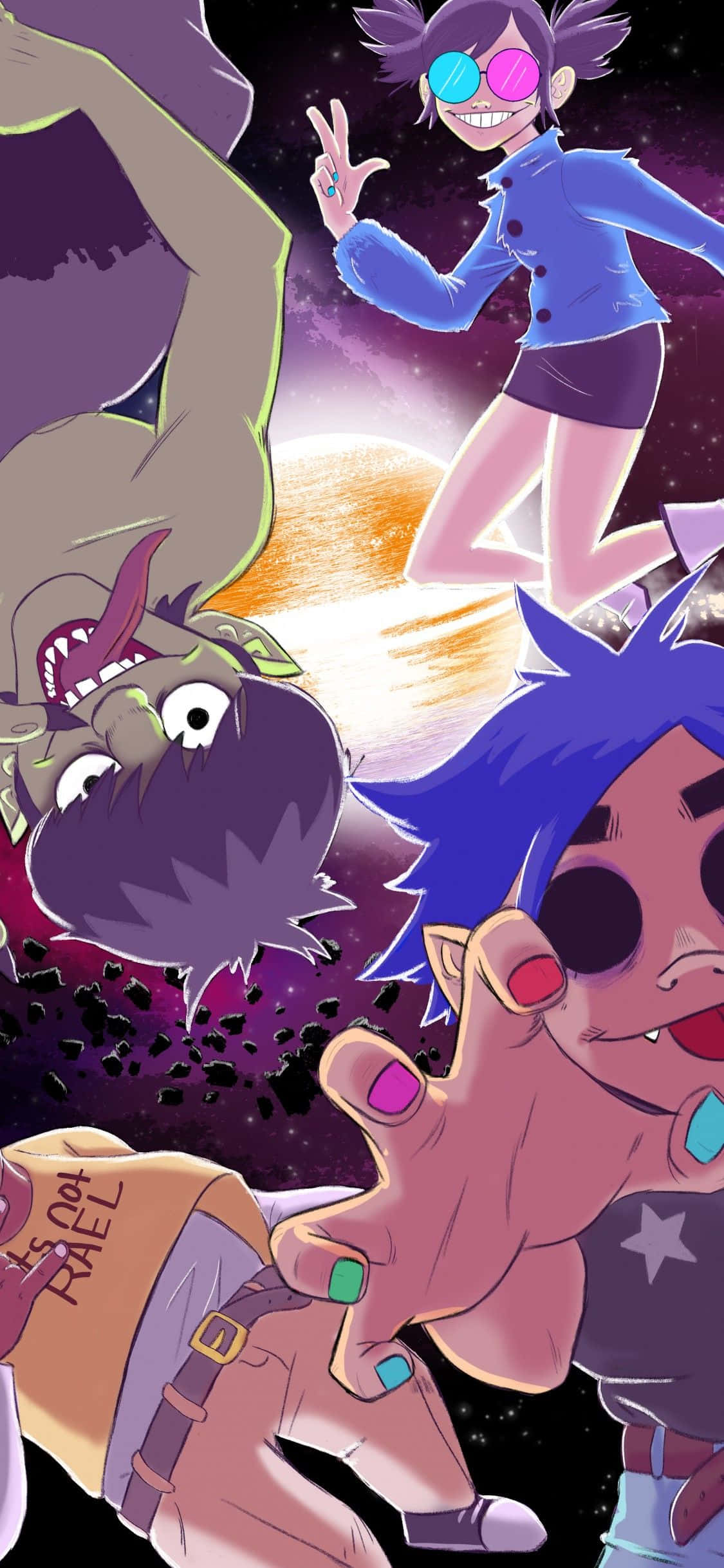 Gorillaz iPhone-fanart-tegning svævende i det ydre rum Wallpapers
