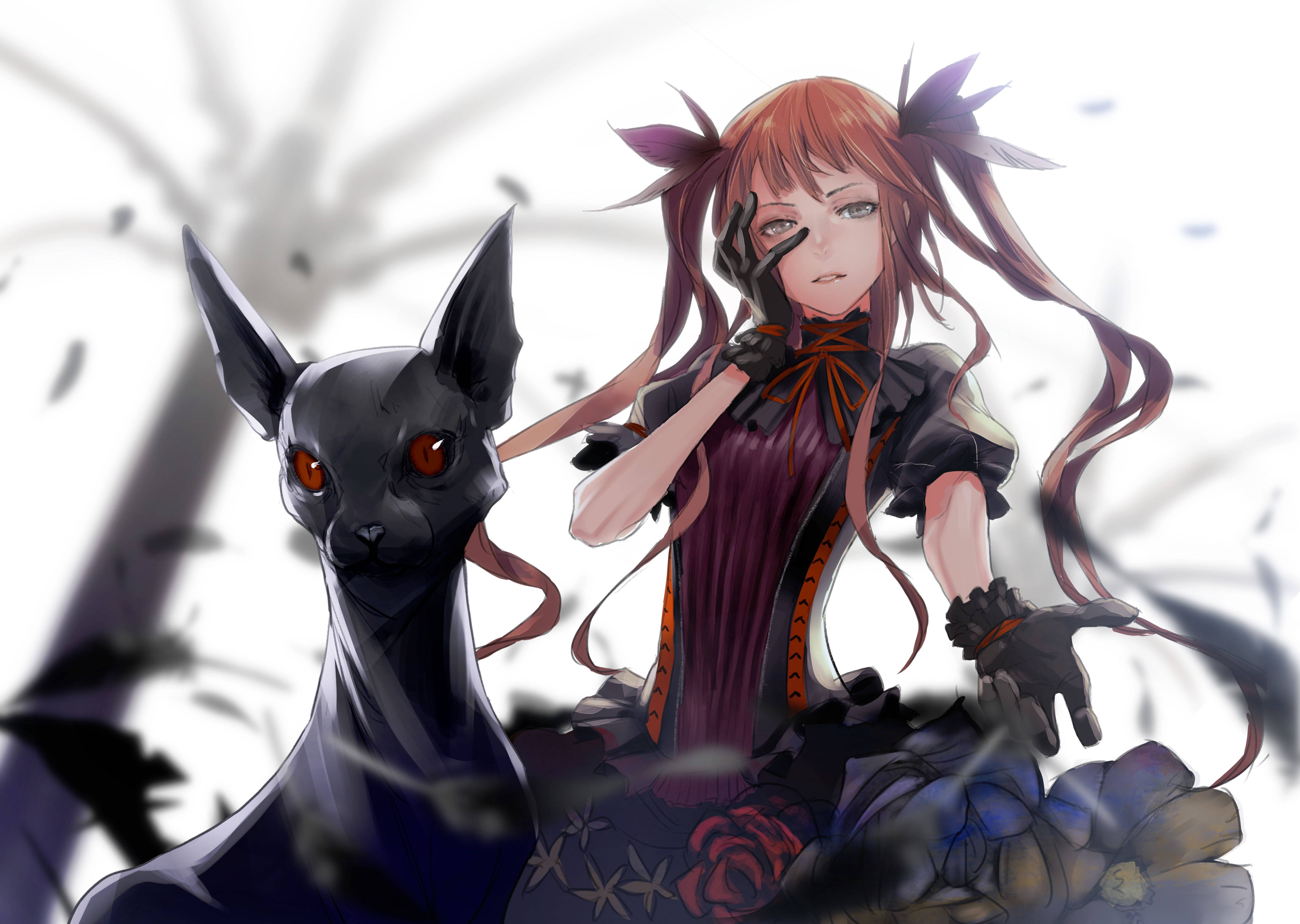 Gotisk anime-pige, der deler et intimt øjeblik med sin kat Wallpapers