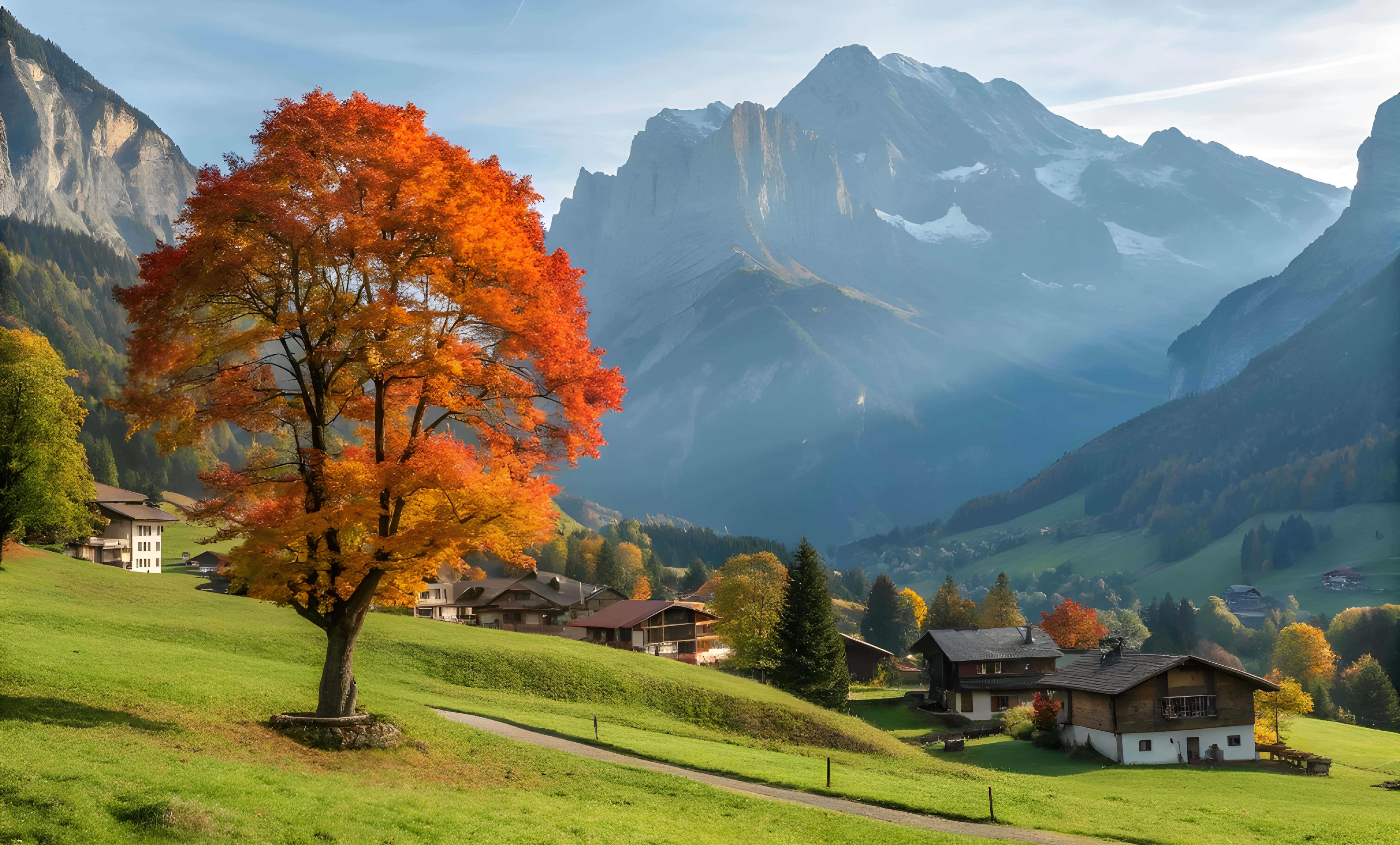 Grindelwald landsby og appelsintræ med blåt bjergudsigt Wallpapers