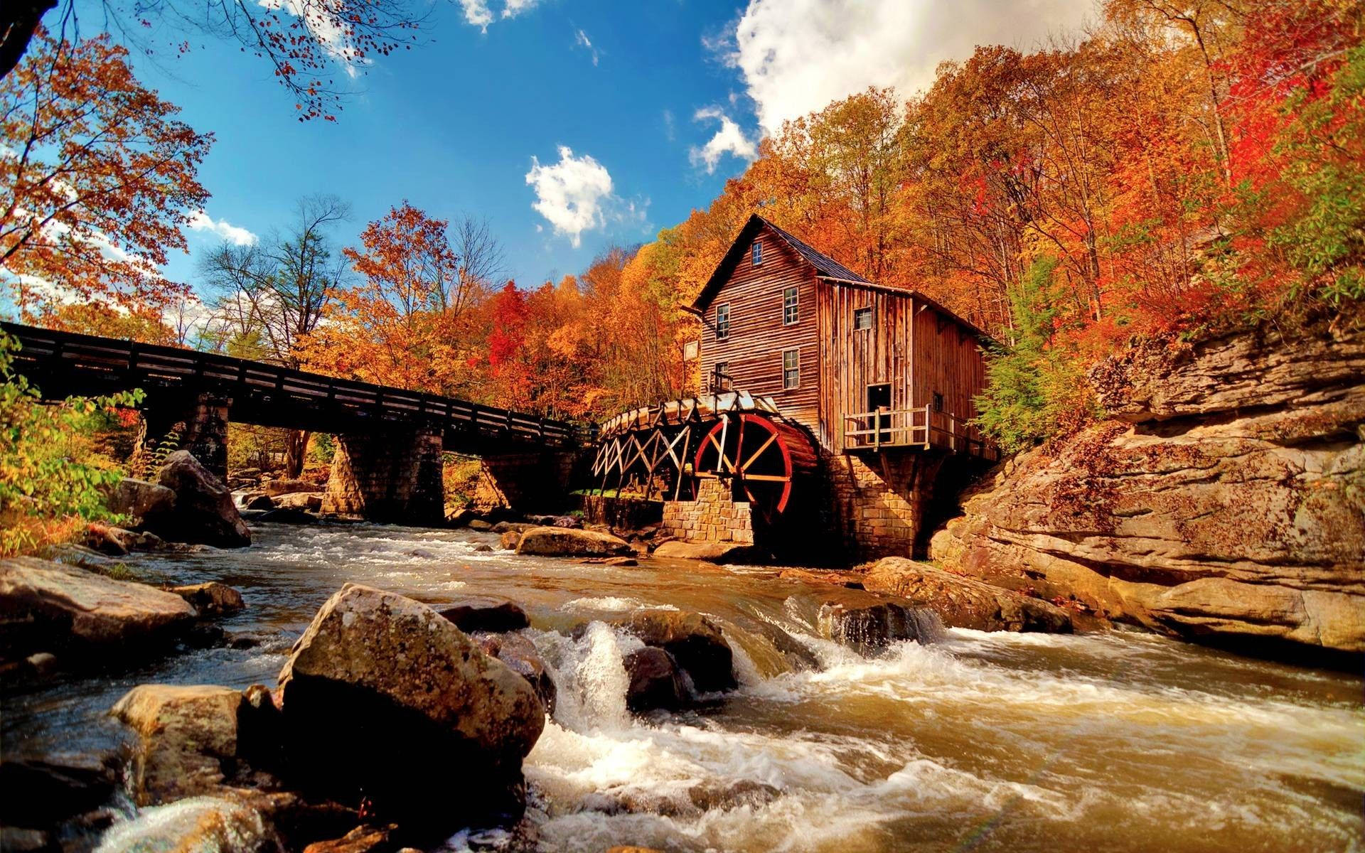 Grist Mill solrigt efterår Wallpapers