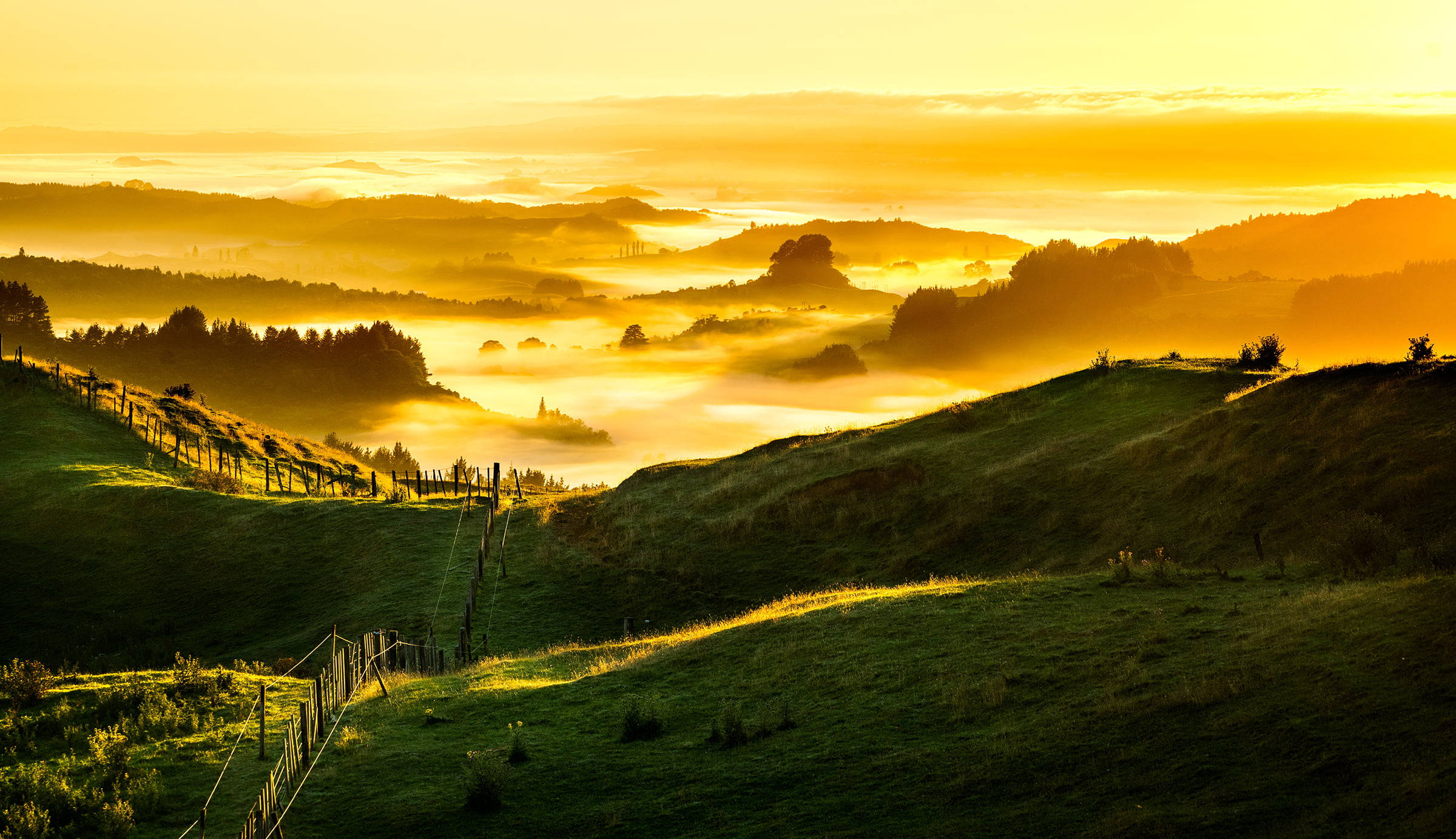 Grønne bjerge under gylden solnedgang Wallpapers
