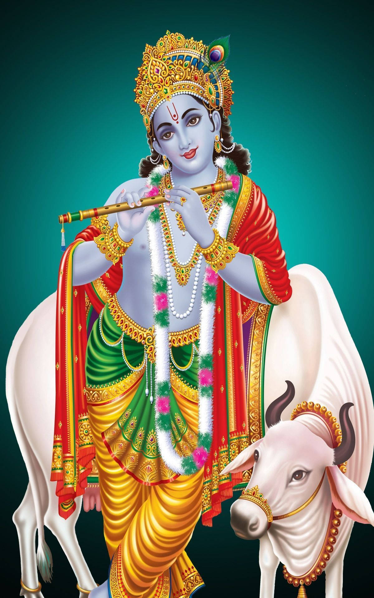 Guddommelig Krishna med hellig ko - Mobiltelefontapet Wallpapers