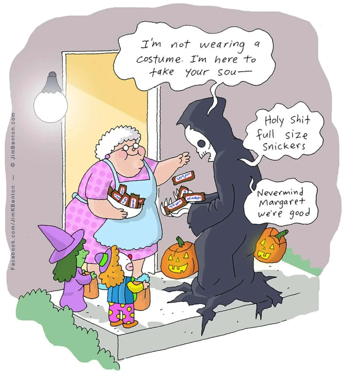halloween tegnefilm - en tegning af en kvinde, der giver halloween slik til en kvinde Wallpapers