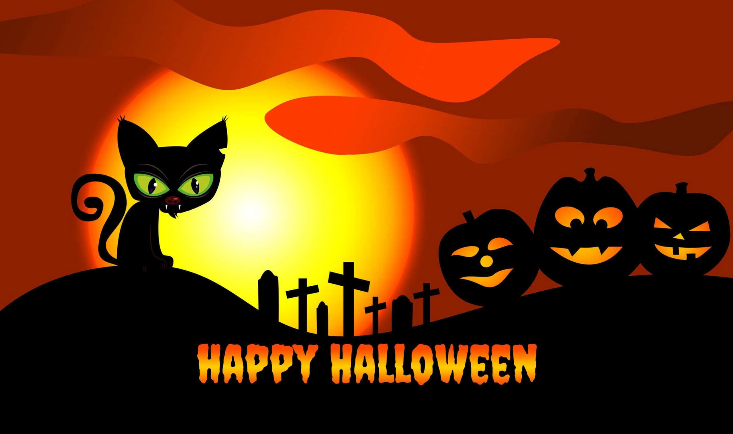 Halloween tegneseriekat med græskar på kirkegården billede Wallpapers