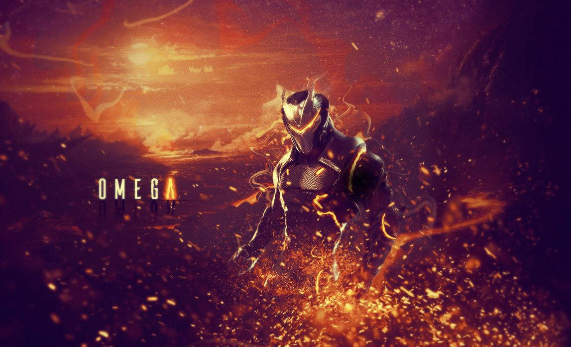 Brændende baggrund af lava og skinnet kaldet Omega i Fortnite tapet — Fortnite Wallpapers