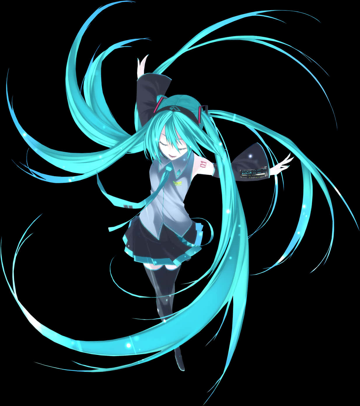 Hatsune Miku i dynamisk positur med svirrende hår Wallpapers