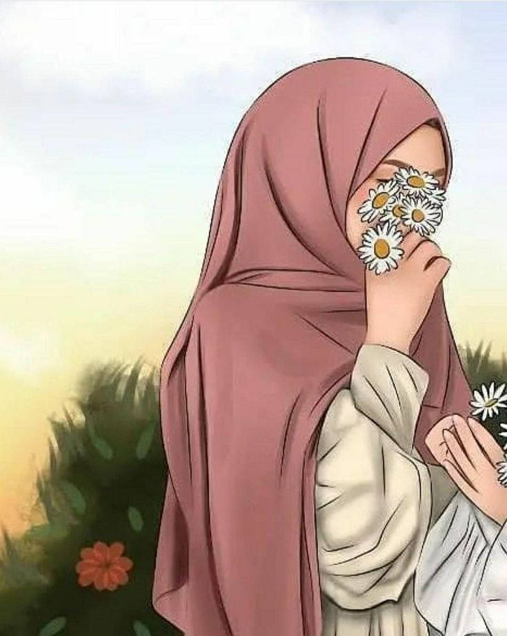 Hijab tegneserie hvide blomster Wallpapers