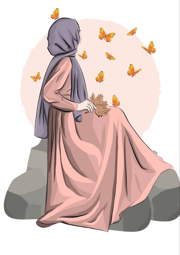 Hijab tegneserie orange sommerfugle Wallpapers