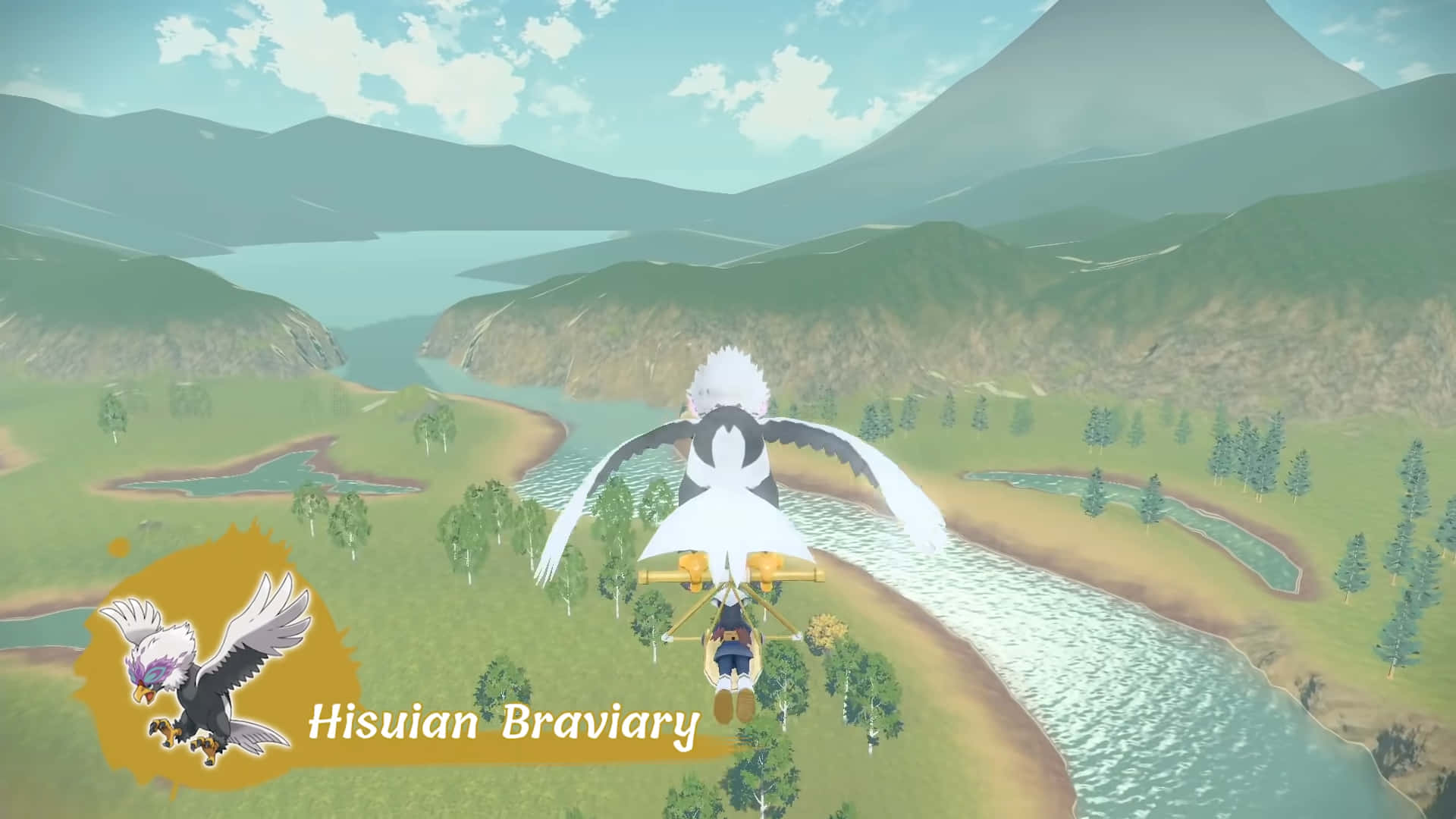 Hisuians Braviary flyver over en flod Wallpapers