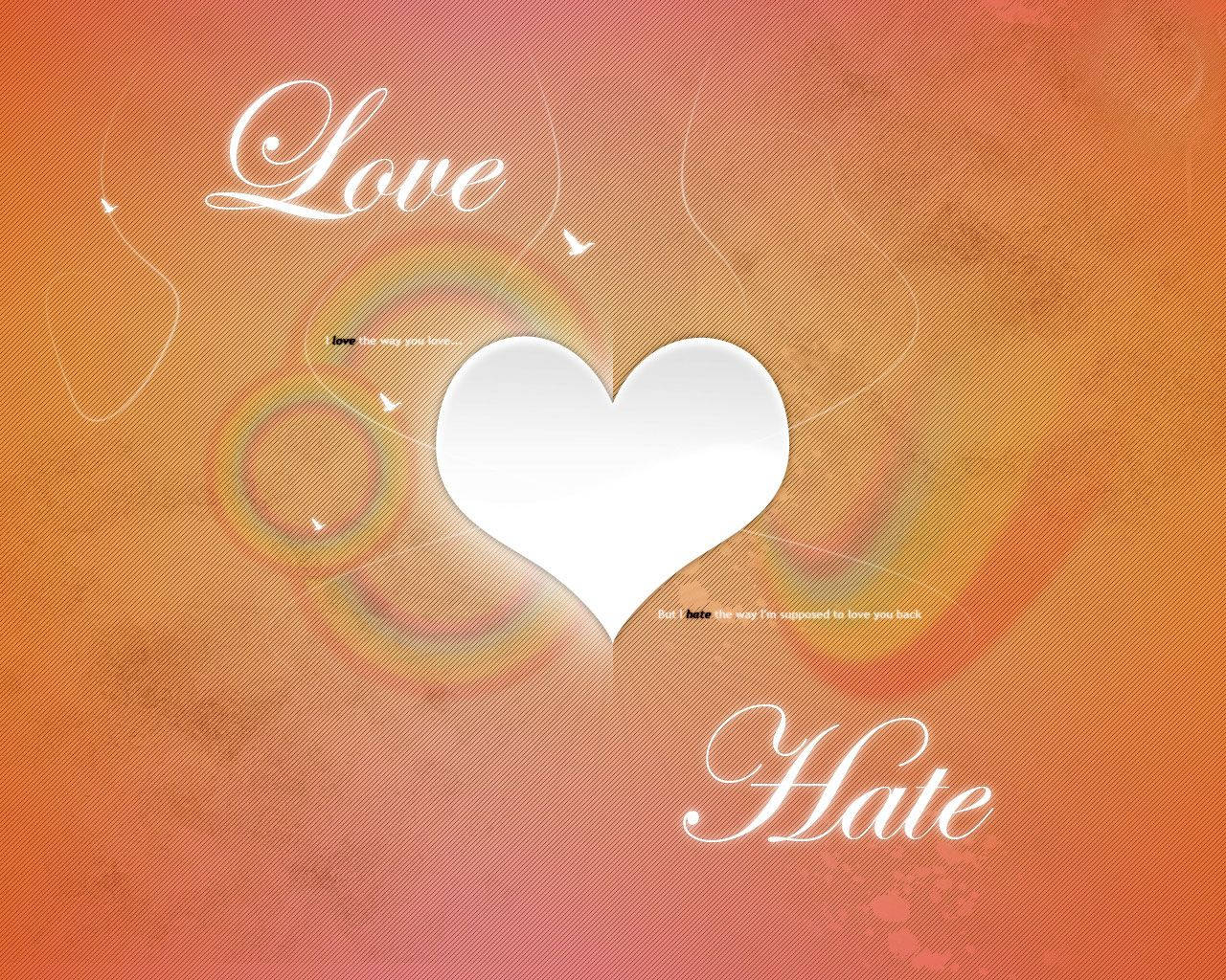 Hvidt romantisk hjerte med teksten 'love' og 'hate' på orange baggrund med falmede regnbuer. — Kærlighed Wallpapers