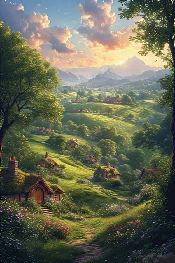 Hobbiton-bakker og hobbithuse fantasy 4K Wallpapers