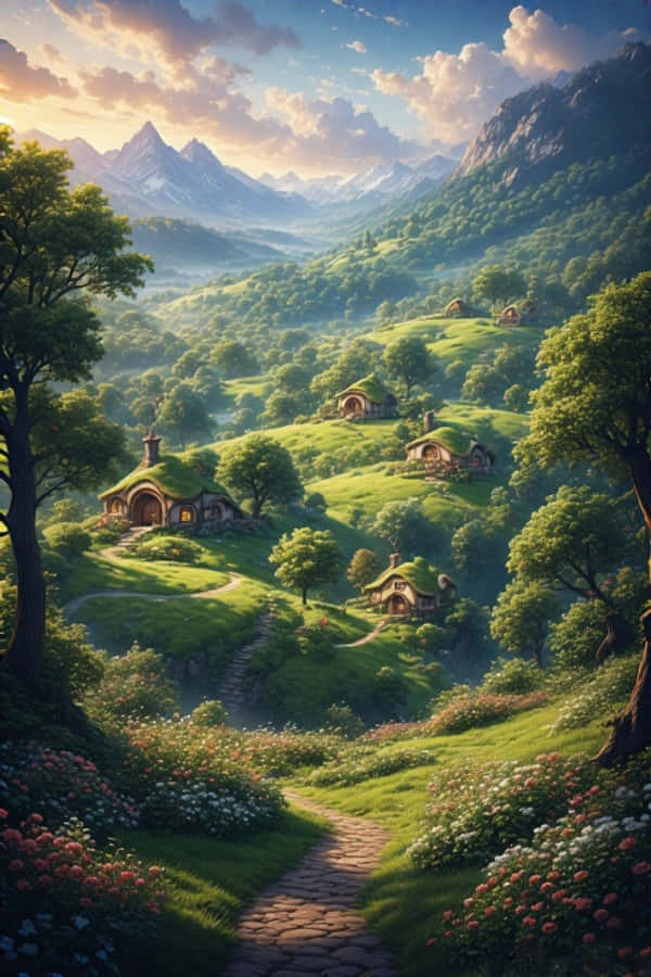 Hobbiton-bakker og hobbit-huse fantasy 4K Wallpapers