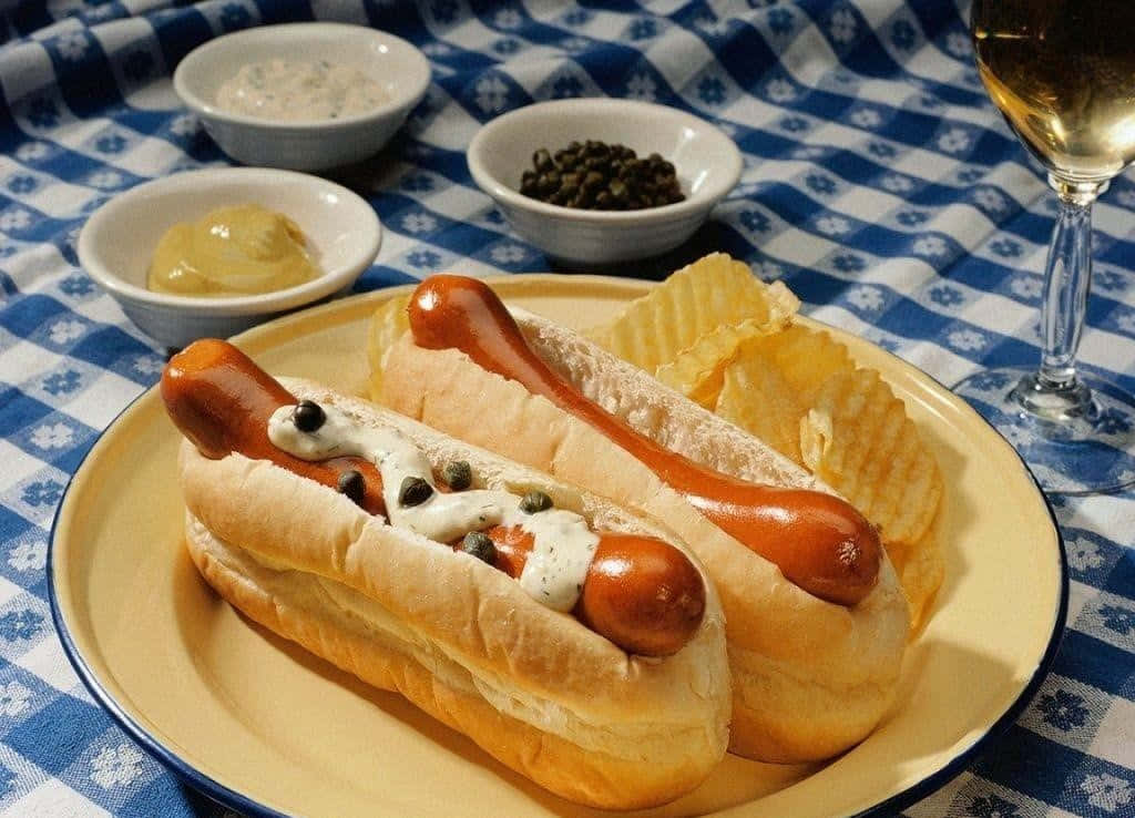 hotdogs på en tallerken med pommes frites og et glas vin Wallpapers