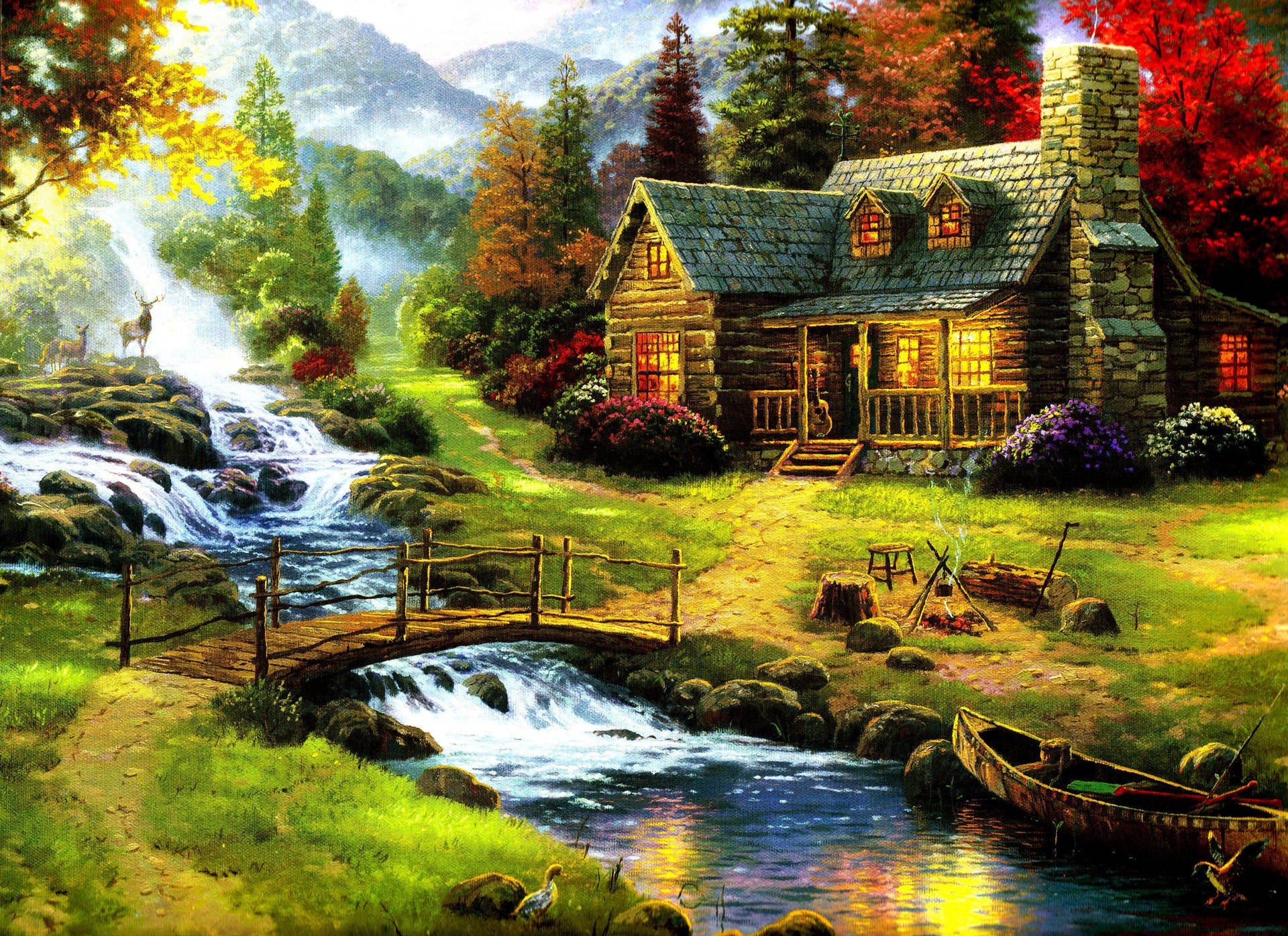 Hus med skovudsigt maleri Wallpapers