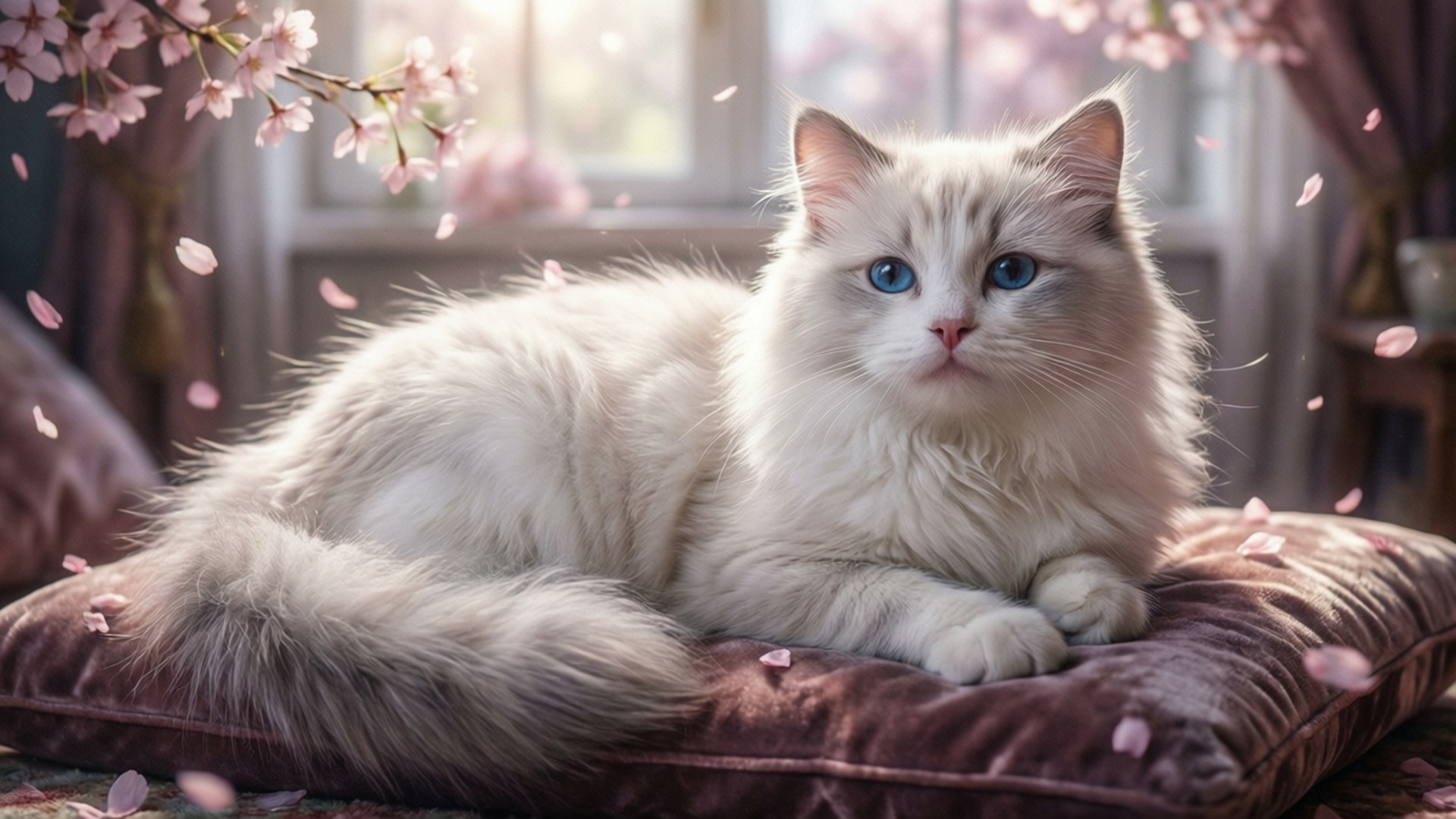 Hvid kat i blomst Wallpapers