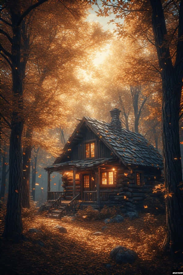 Hyggelig hytte i efterårsskov varm efterårsnatur 4K Wallpapers