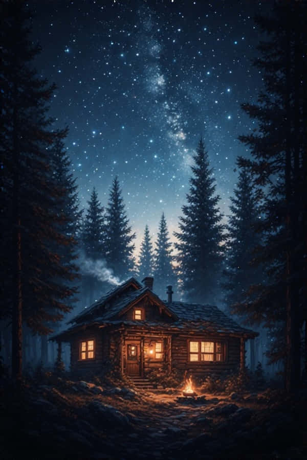 Hyggelig nathytte i skoven stjerneklar natur 4K Wallpapers