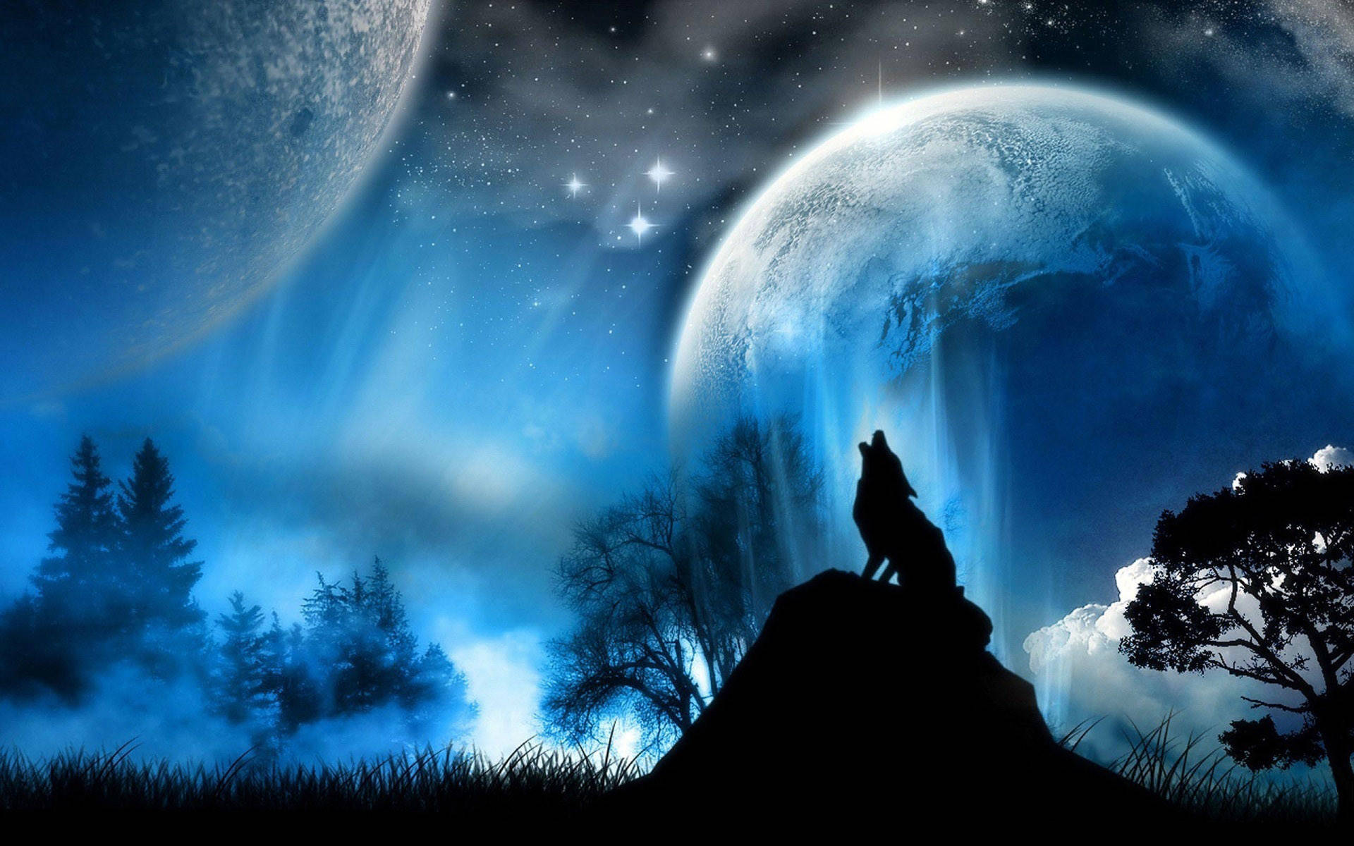 Hylende ulv og galaktisk måne grafik Wallpapers