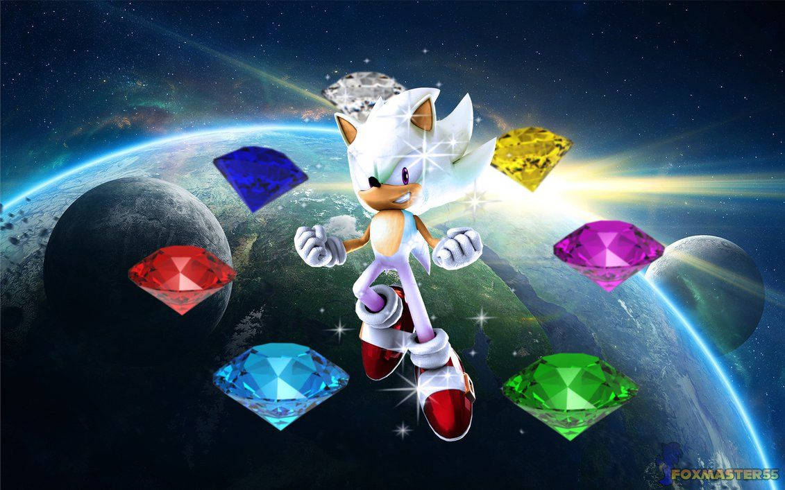 Baggrundsbillede med Hyper Sonic og de syv Super Emeralds i galaksen. — Sonic Wallpapers