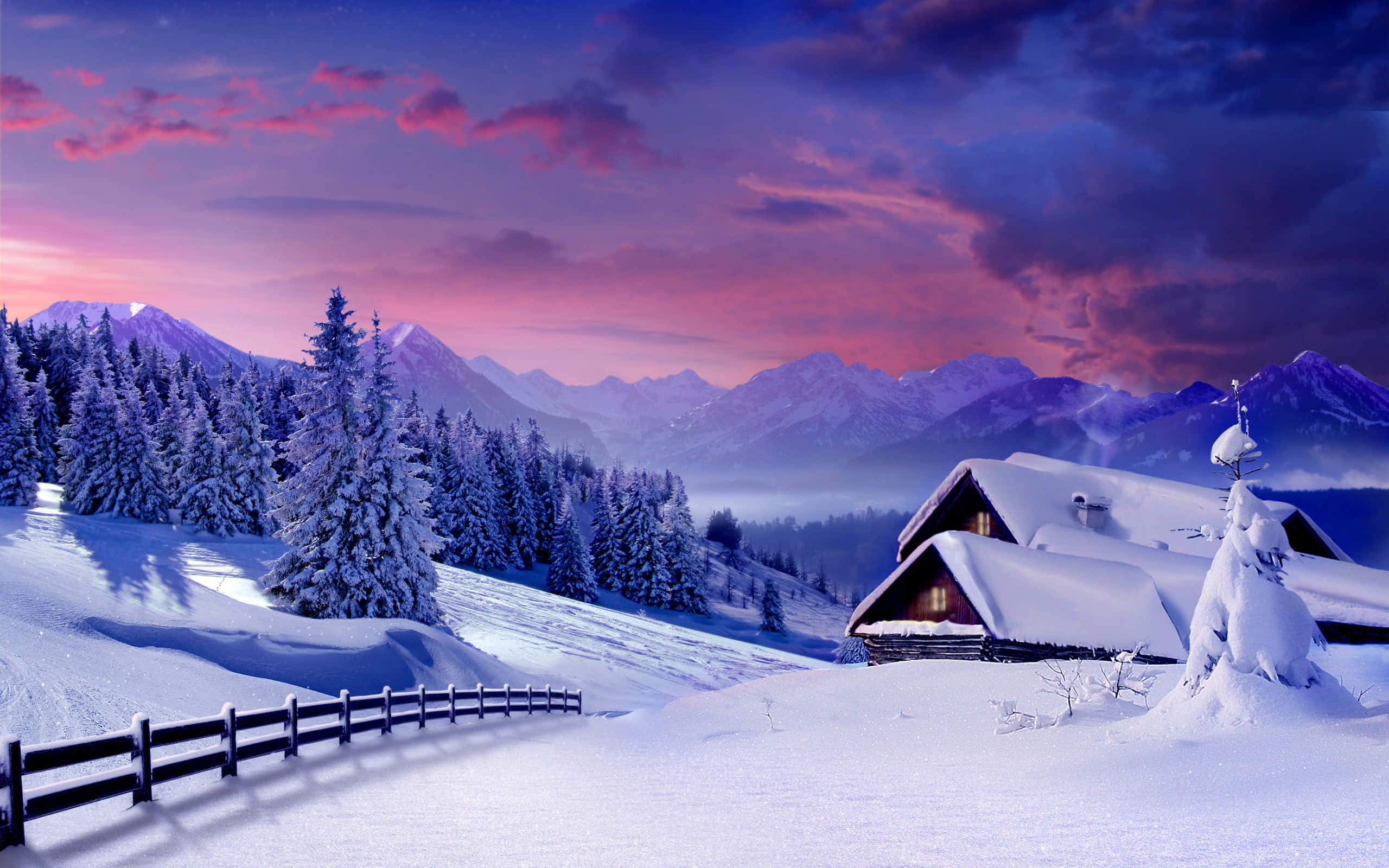 Hytte i sneen i et vinterlandskab Wallpapers