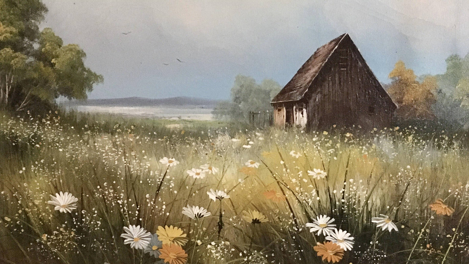 Hytte og blomster Cottagecore skrivebord Wallpapers