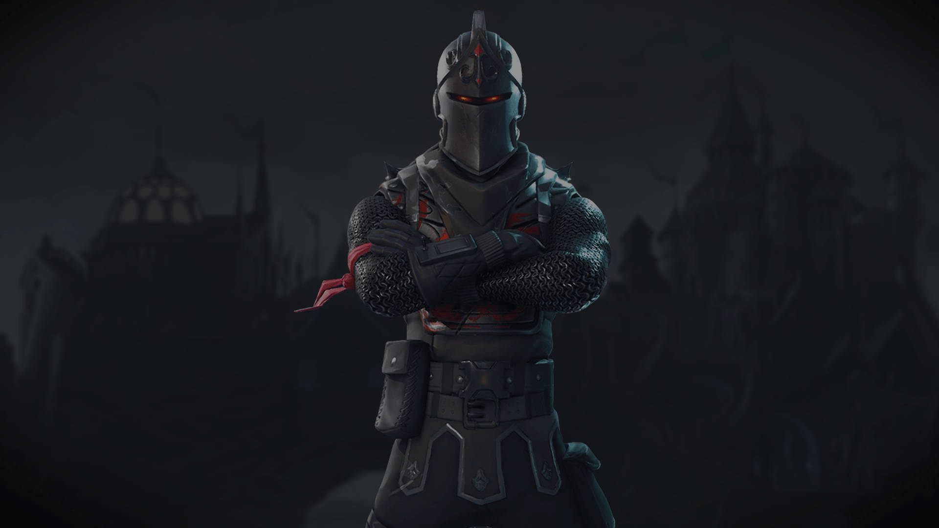 Et skin kaldet Black Knight i Fortnite med en mørk borgsilhuetbaggrund i HD. — Fortnite Wallpapers