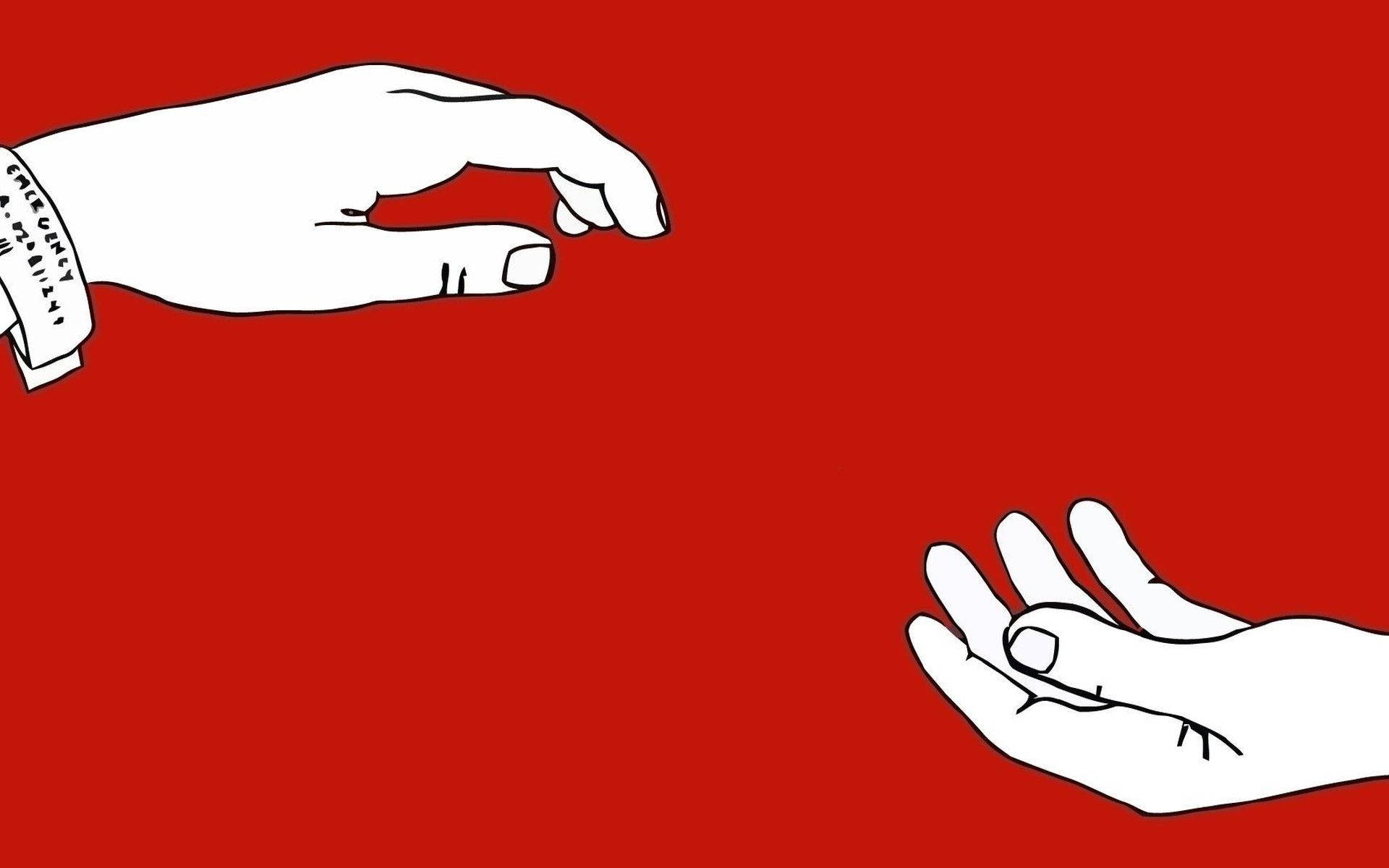 Indie æstetik med hænder, der næsten mødes på rød baggrund Wallpapers