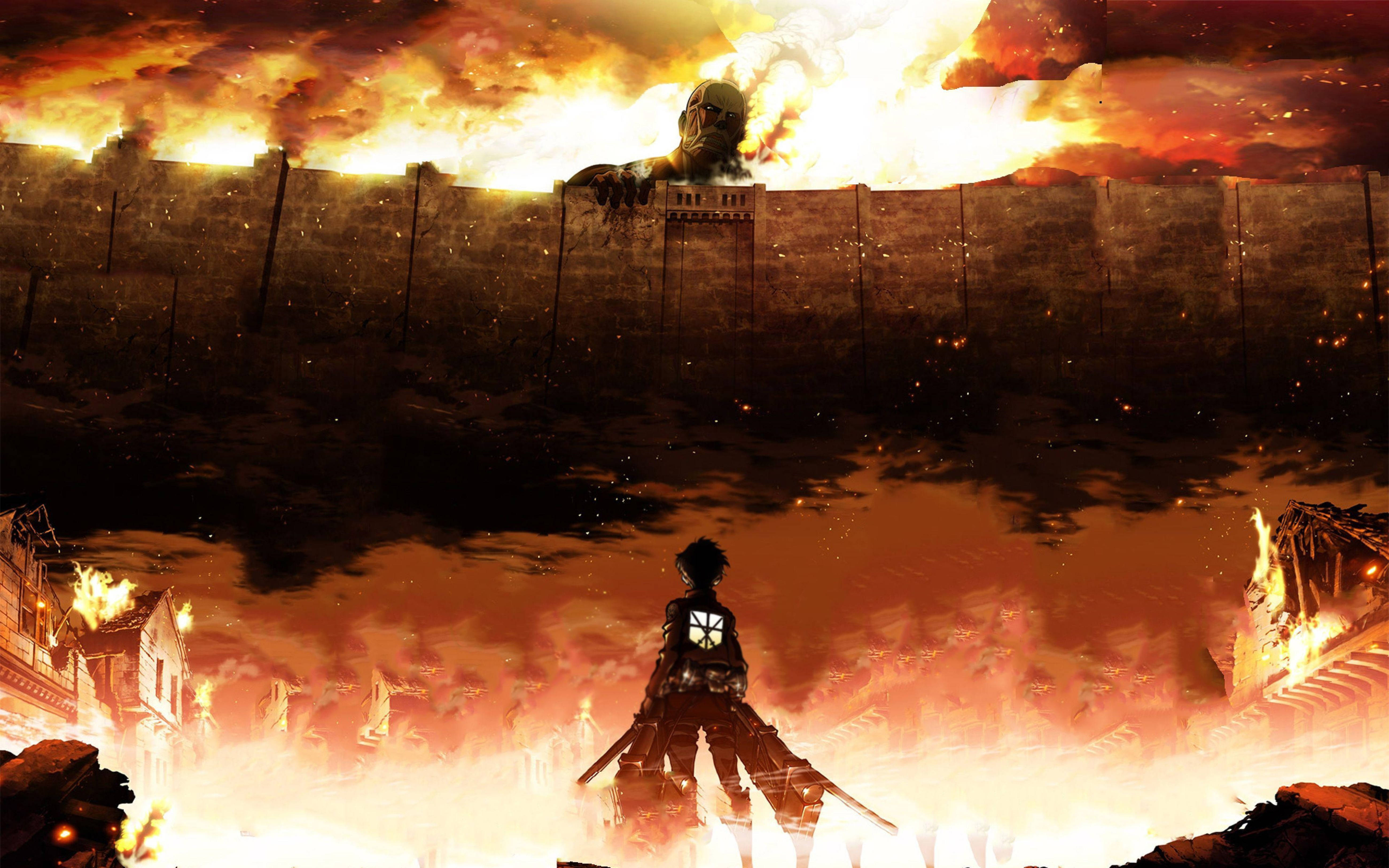 Intenst øjeblik fra Attack on Titans 4K, med Eren i Steam Titan-form Wallpapers