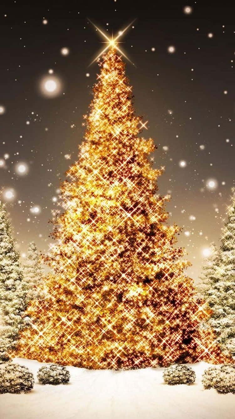 iPhone Gyldent Juletræ med Sne Wallpapers