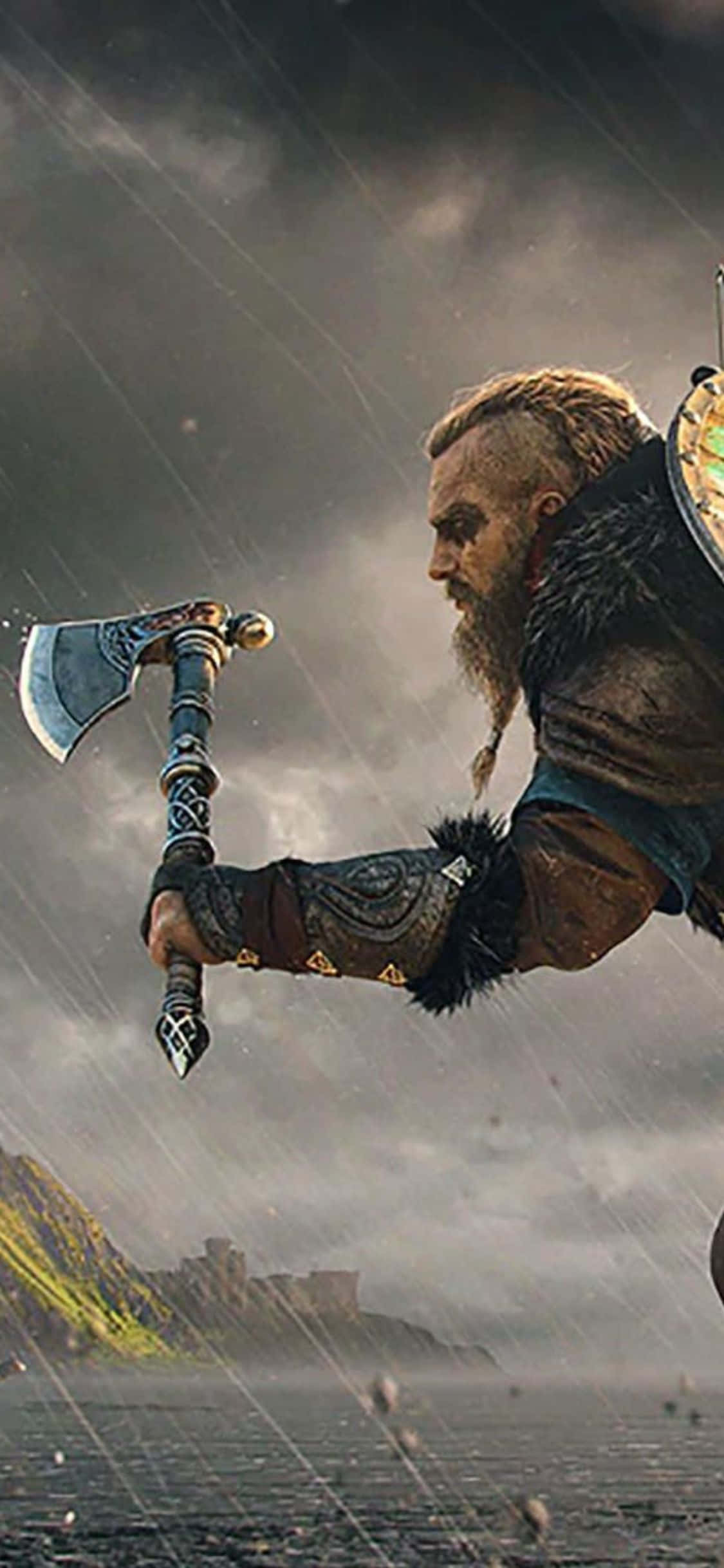 iPhone Xs Assassin's Creed Valhalla vikingekriger i regnen baggrund Wallpapers