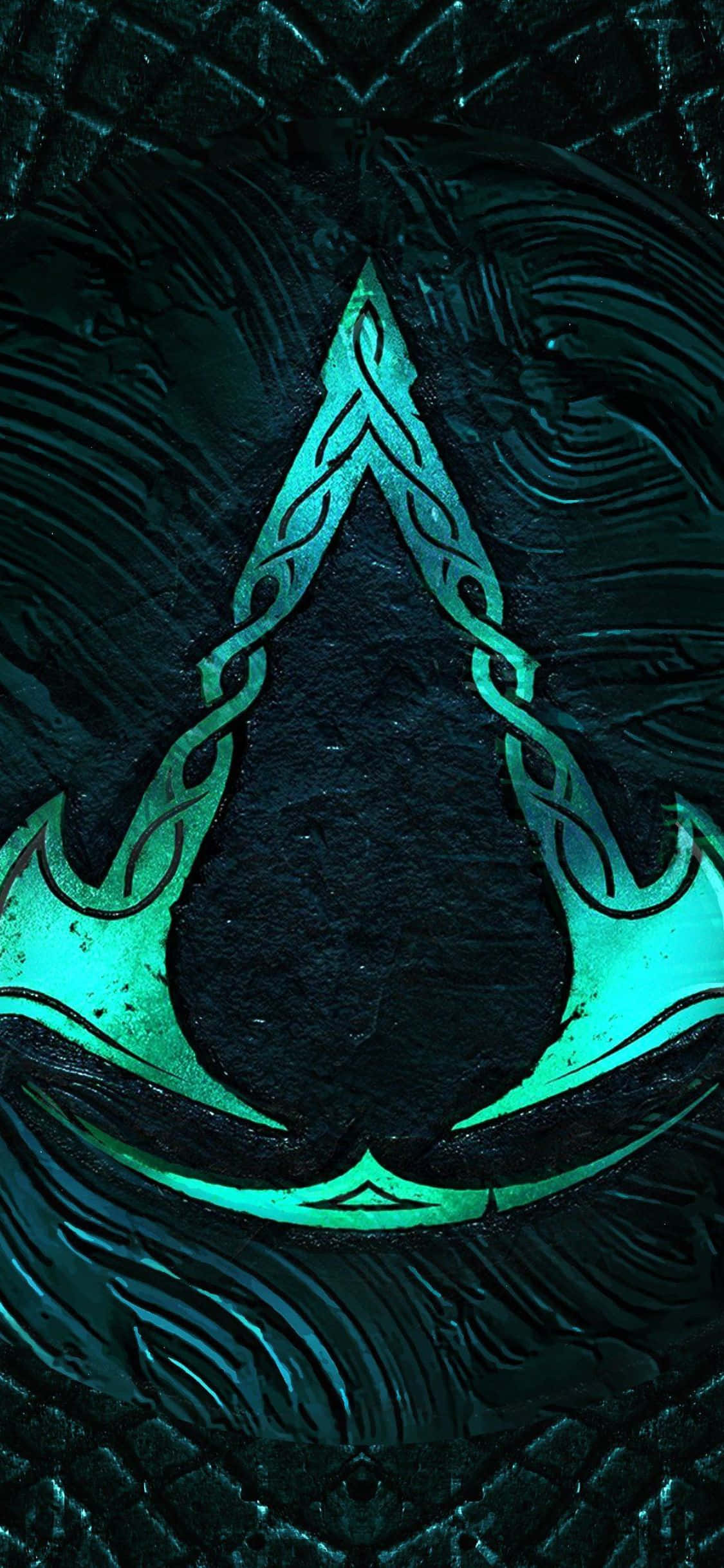 iPhone Xs Assassin's Creed Valhalla Grønt spil-logo lavet af økser Baggrund Wallpapers