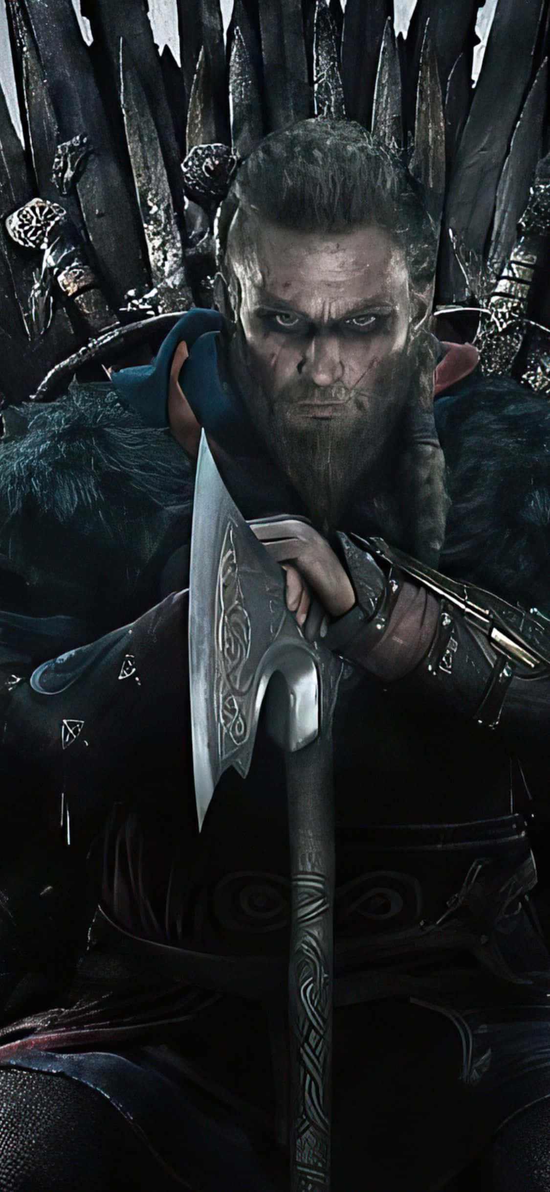 iPhone Xs Assassin's Creed Valhalla Eivor siddende på en trone Baggrund Wallpapers