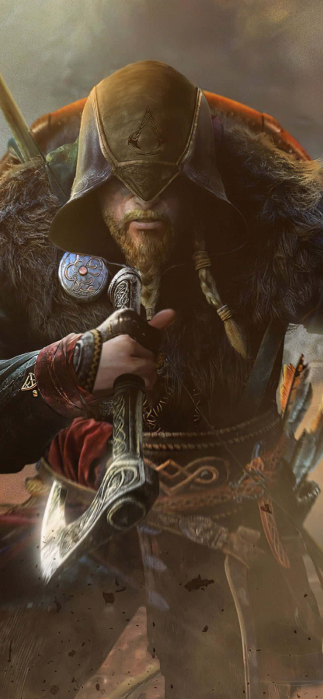 iPhone Xs Assassin's Creed Valhalla hætteklædt viking med en økse baggrund Wallpapers