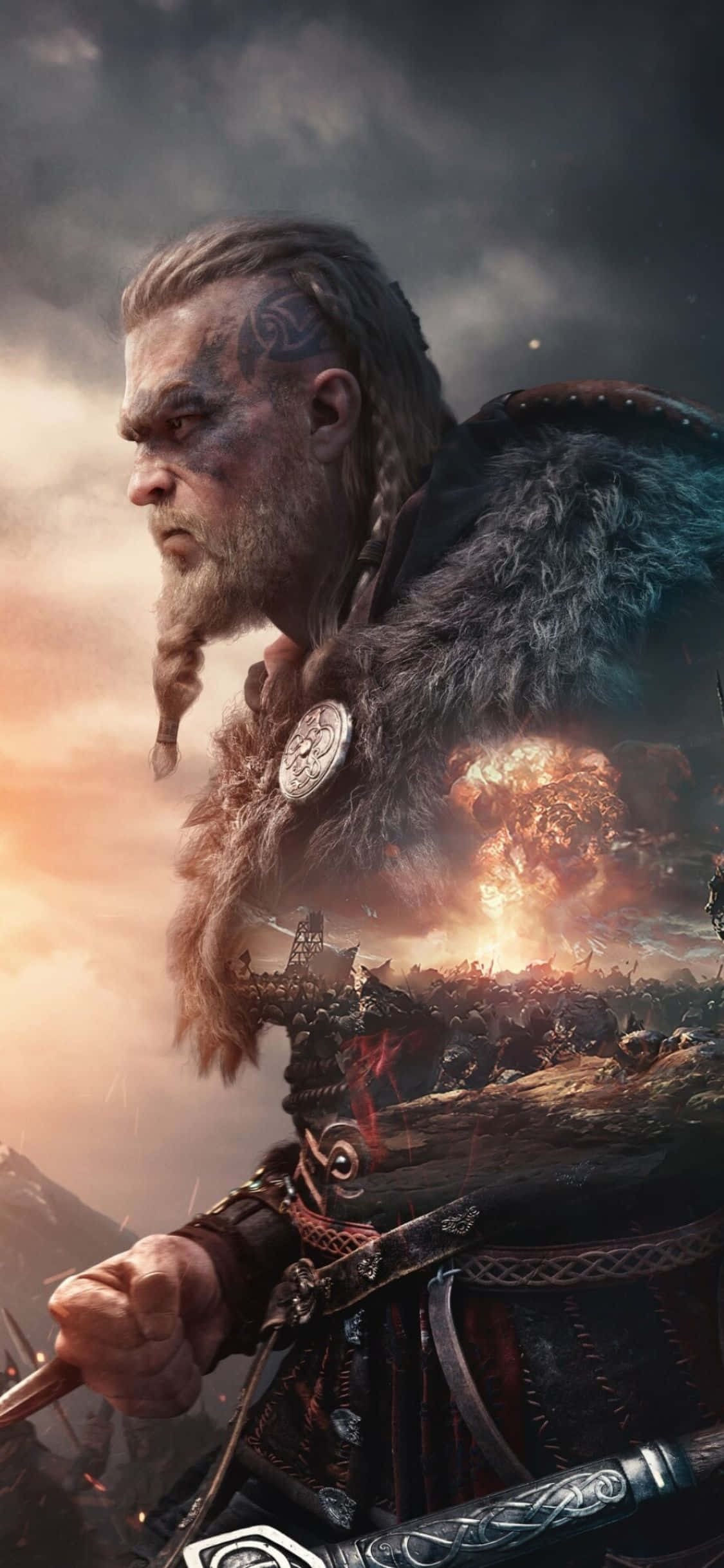 iPhone Xs Assassin's Creed Valhalla Eivor med beskåret eksplosionsbaggrund Wallpapers