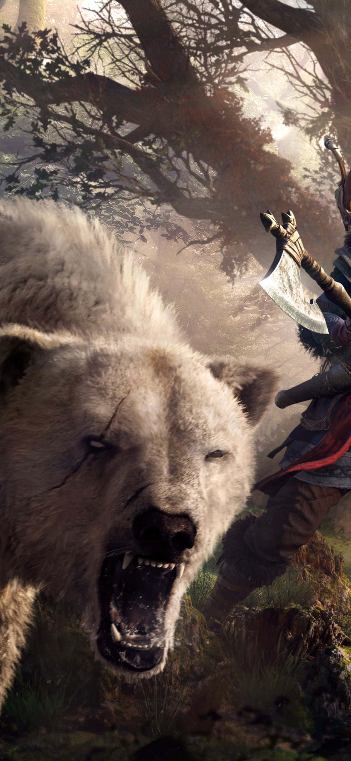 iPhone Xs Assassin's Creed Valhalla Hvid Bjørn Brølende Baggrund Wallpapers