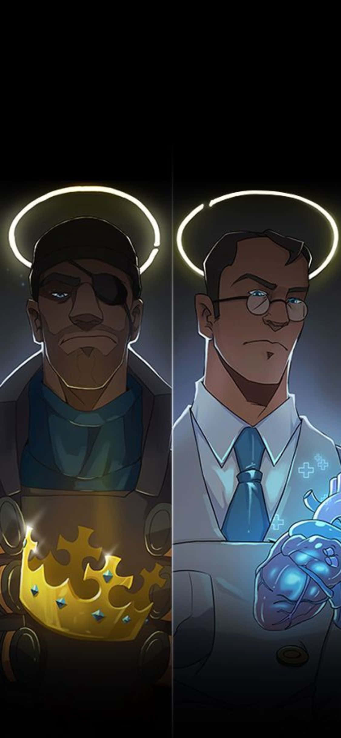 iPhone Xs Tf2 Baggrund Demoman Og Medic Med Glorier Wallpapers