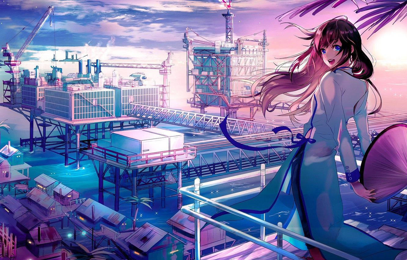 Japansk animeby med ung pige Wallpapers