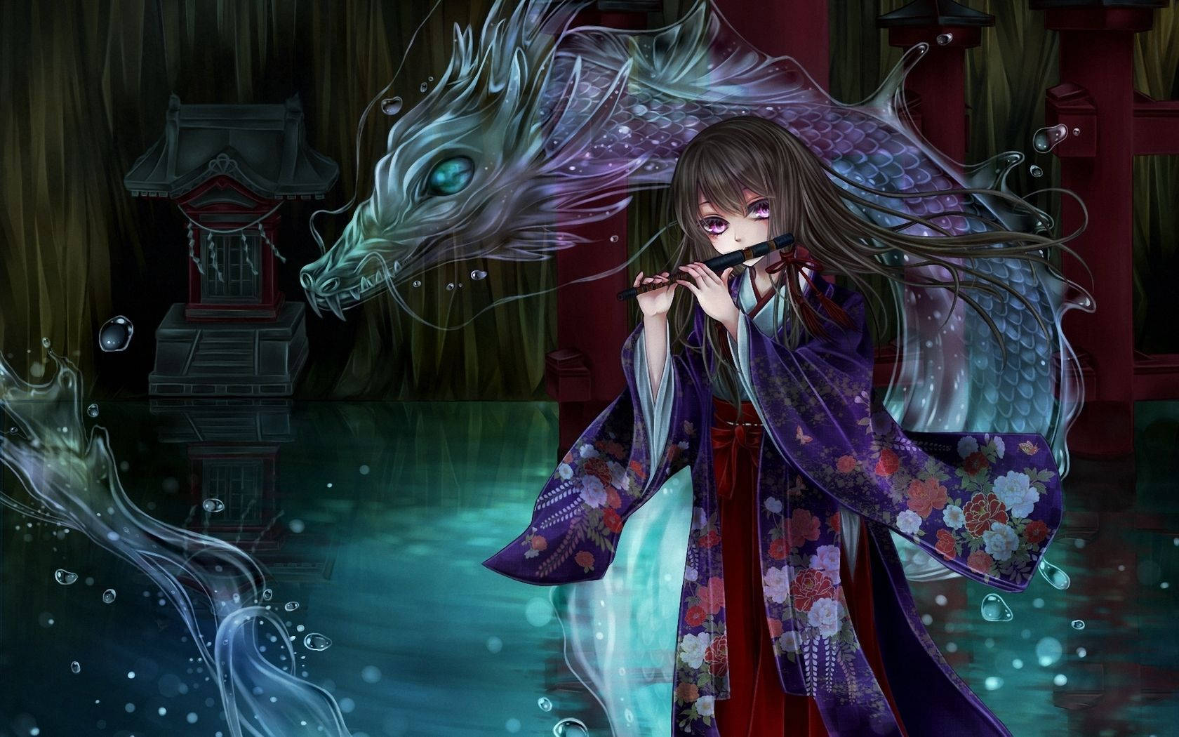 Japansk drage pc-pige og vanddrage Wallpapers