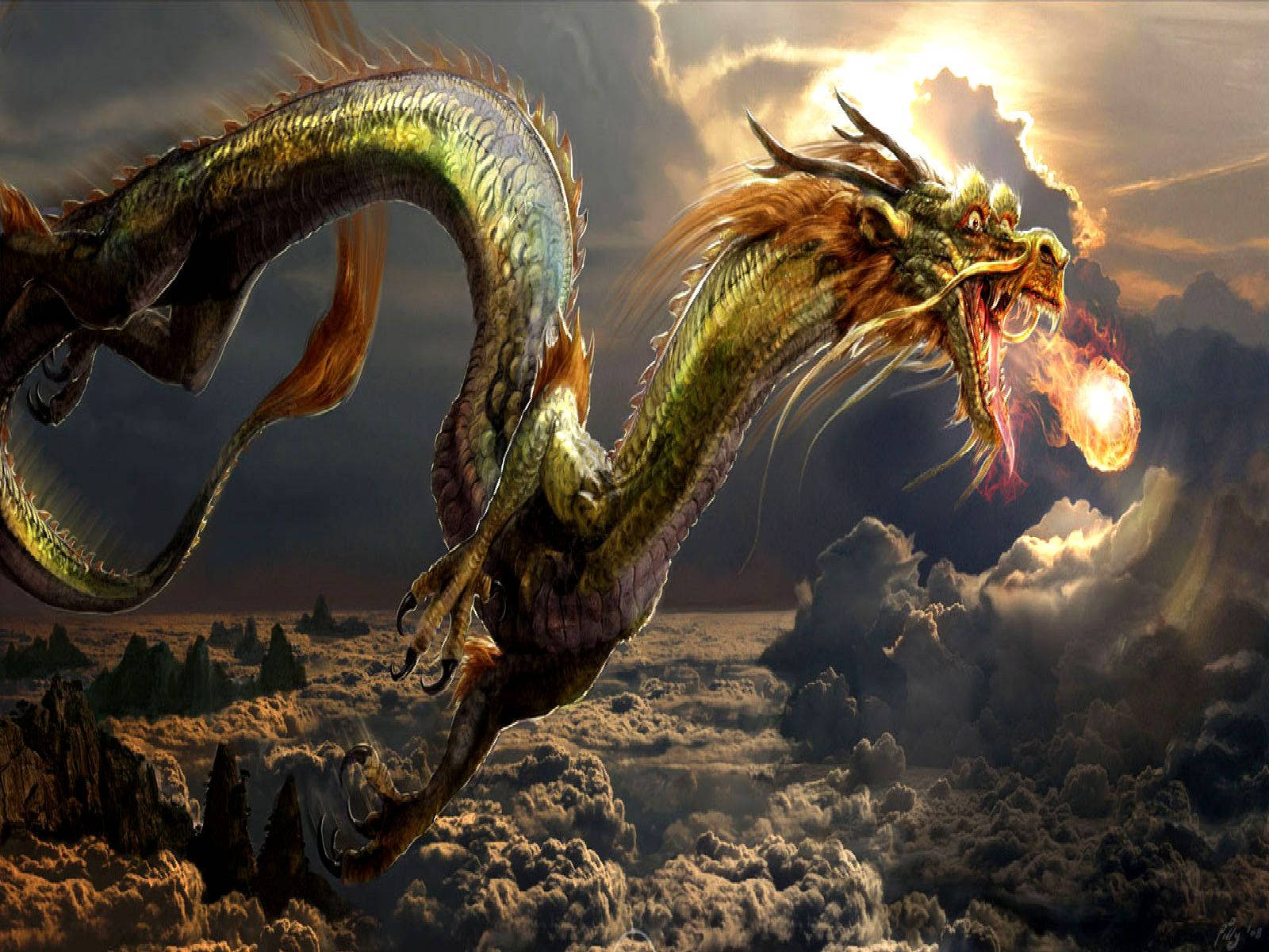 Japansk dragekunst der spyr ildkugle Wallpapers