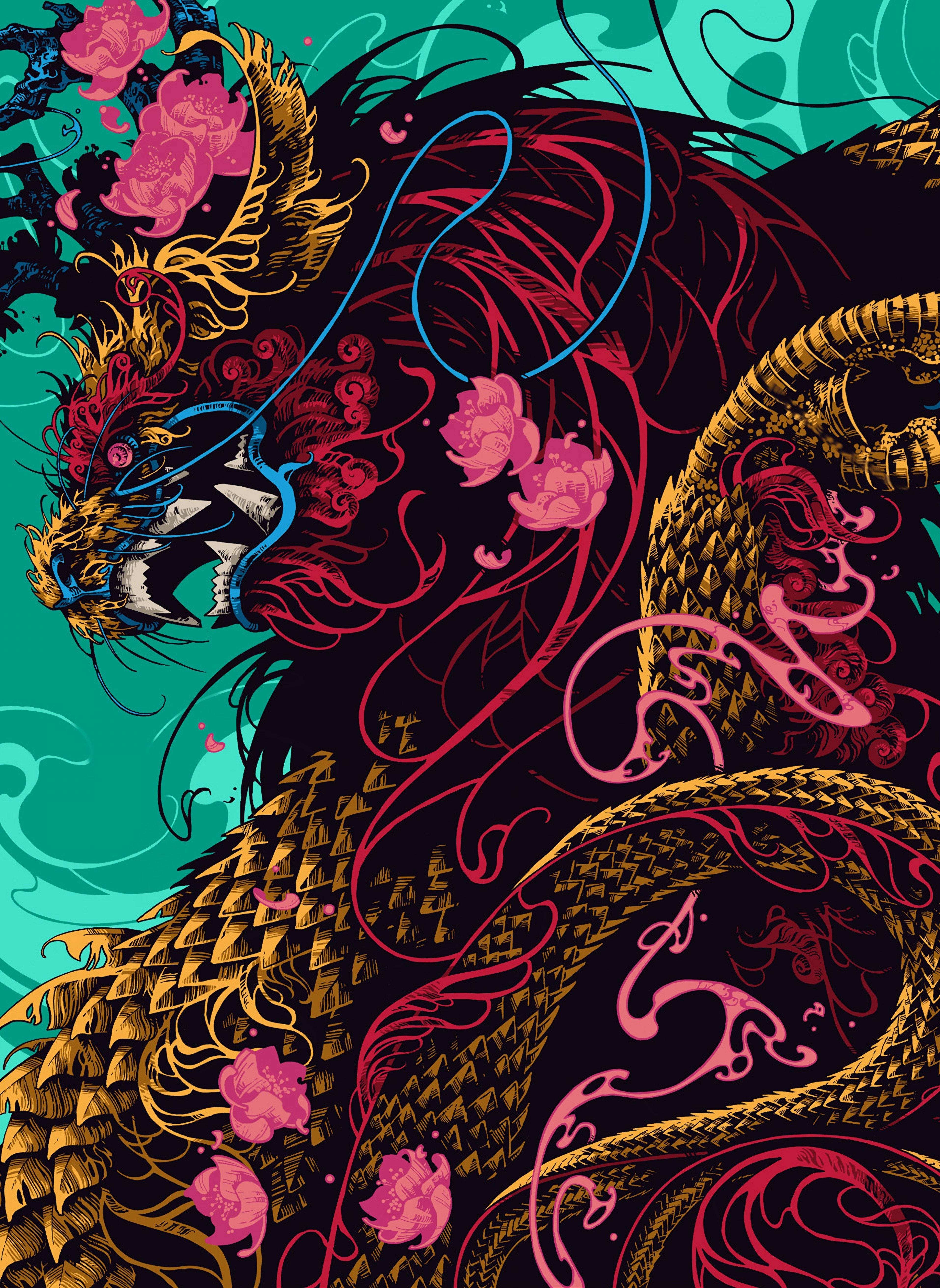 Japansk dragekunst med pink lotus Wallpapers