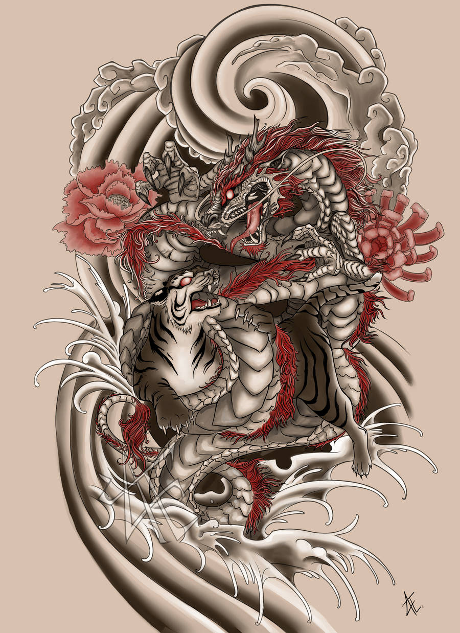Japansk dragekunst og vild tiger Wallpapers