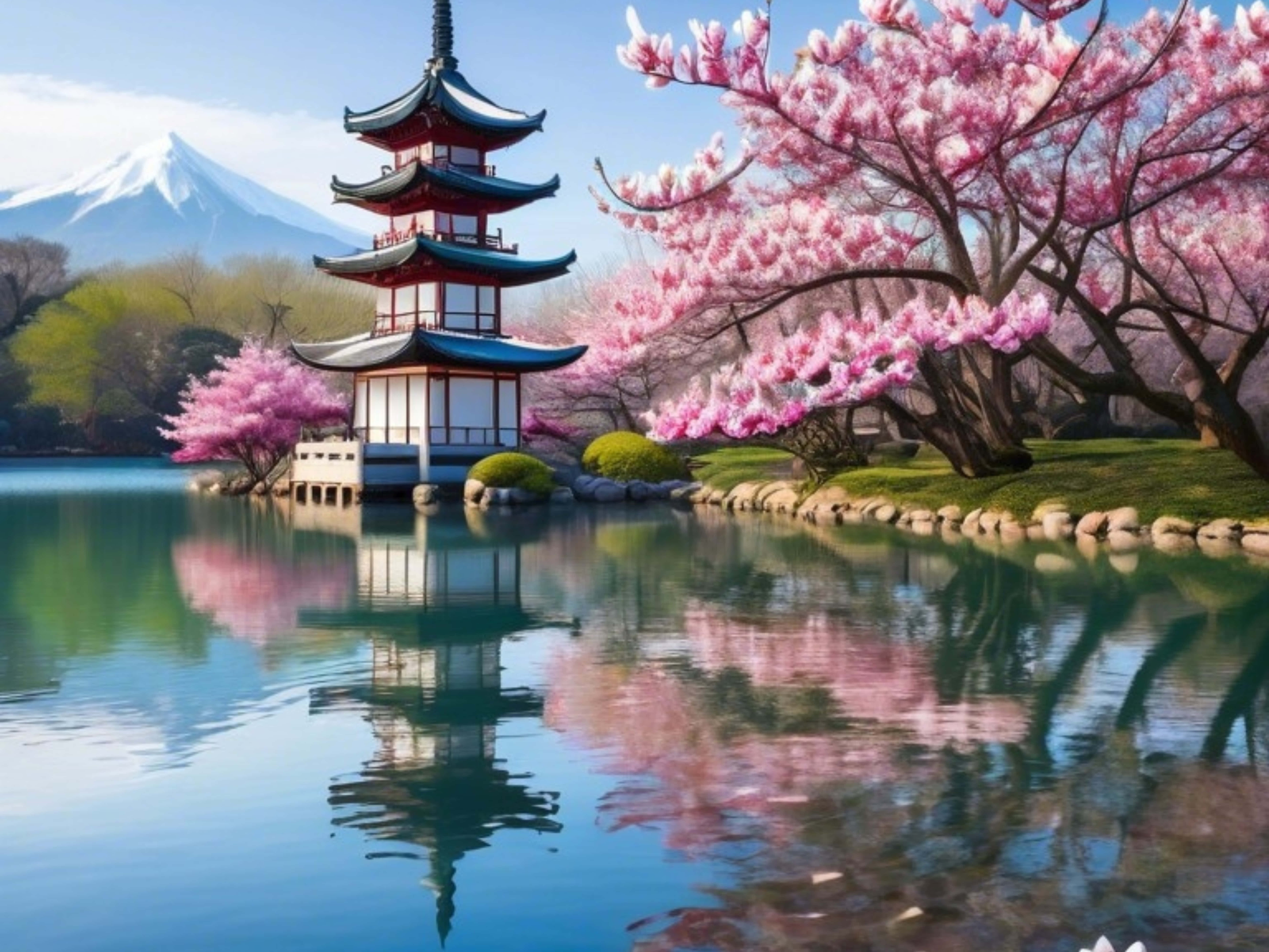 Japansk landskab med en fredfyldt sø, kirsebærtræer, en helligdom og bjerge. Wallpapers