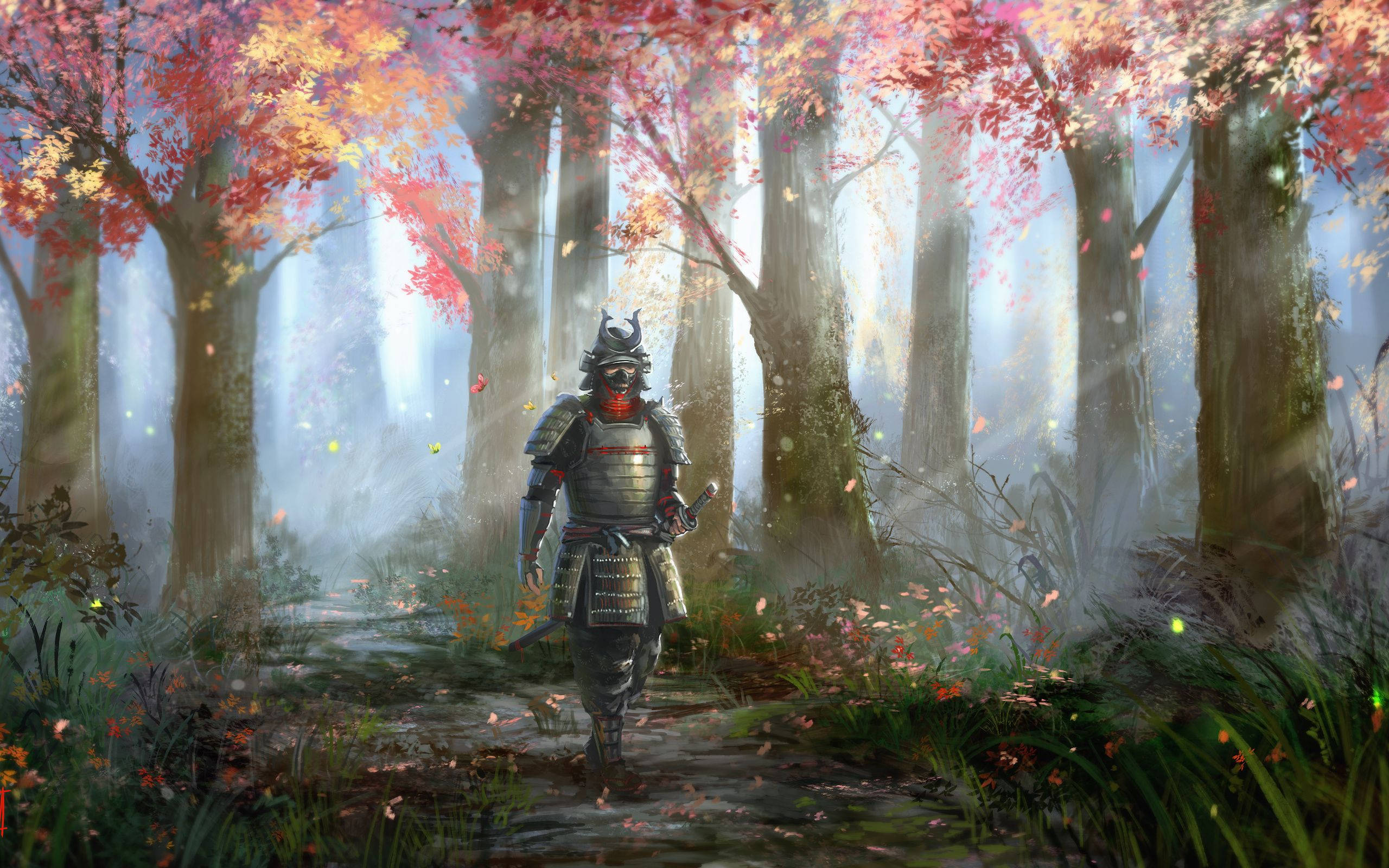 Japansk samurai på fredelig gåtur Wallpapers