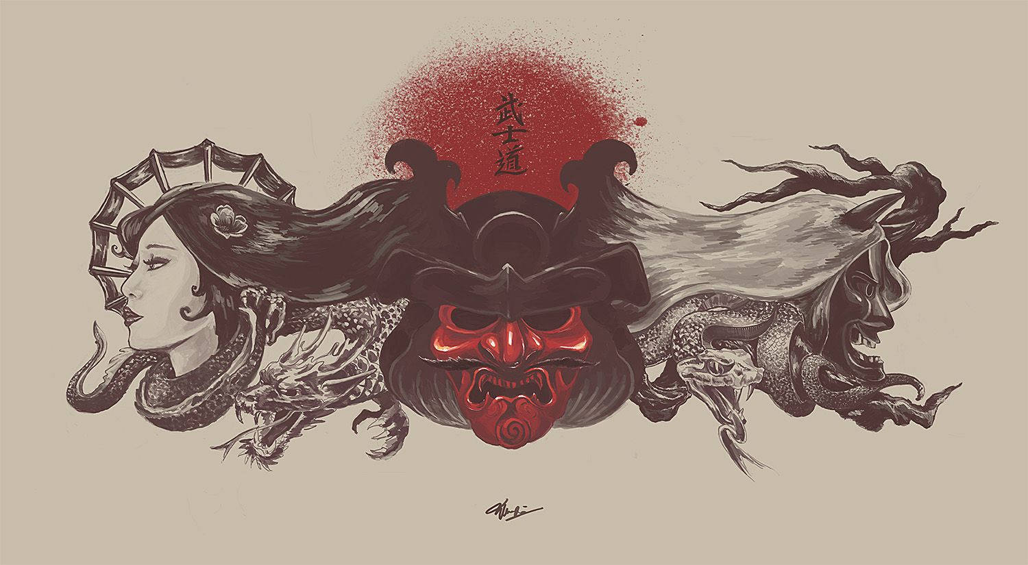 Japansk samurai-kvinde og dæmon Wallpapers