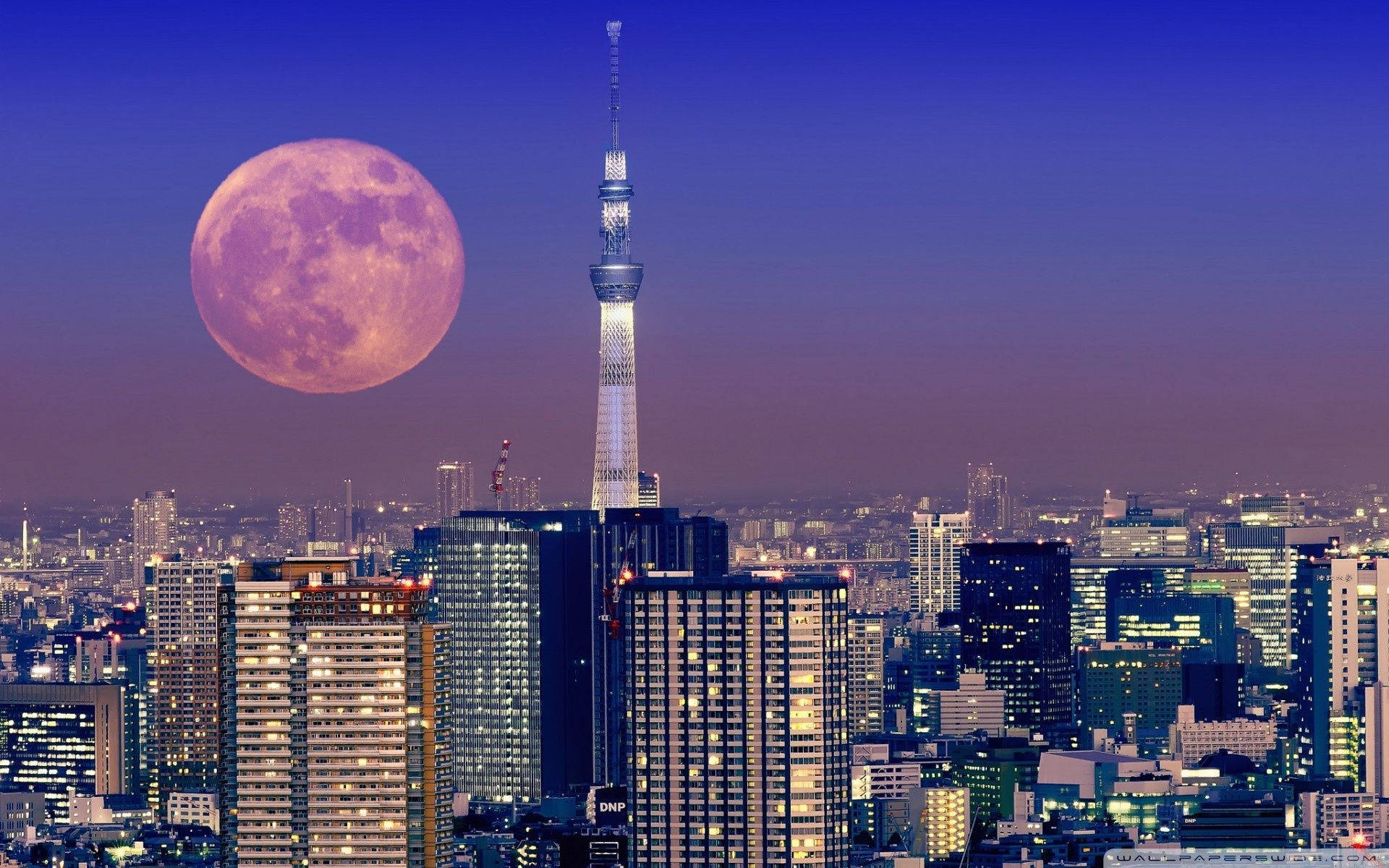 Japansk æstetik med Tokyo Tower og måne til computer Wallpapers