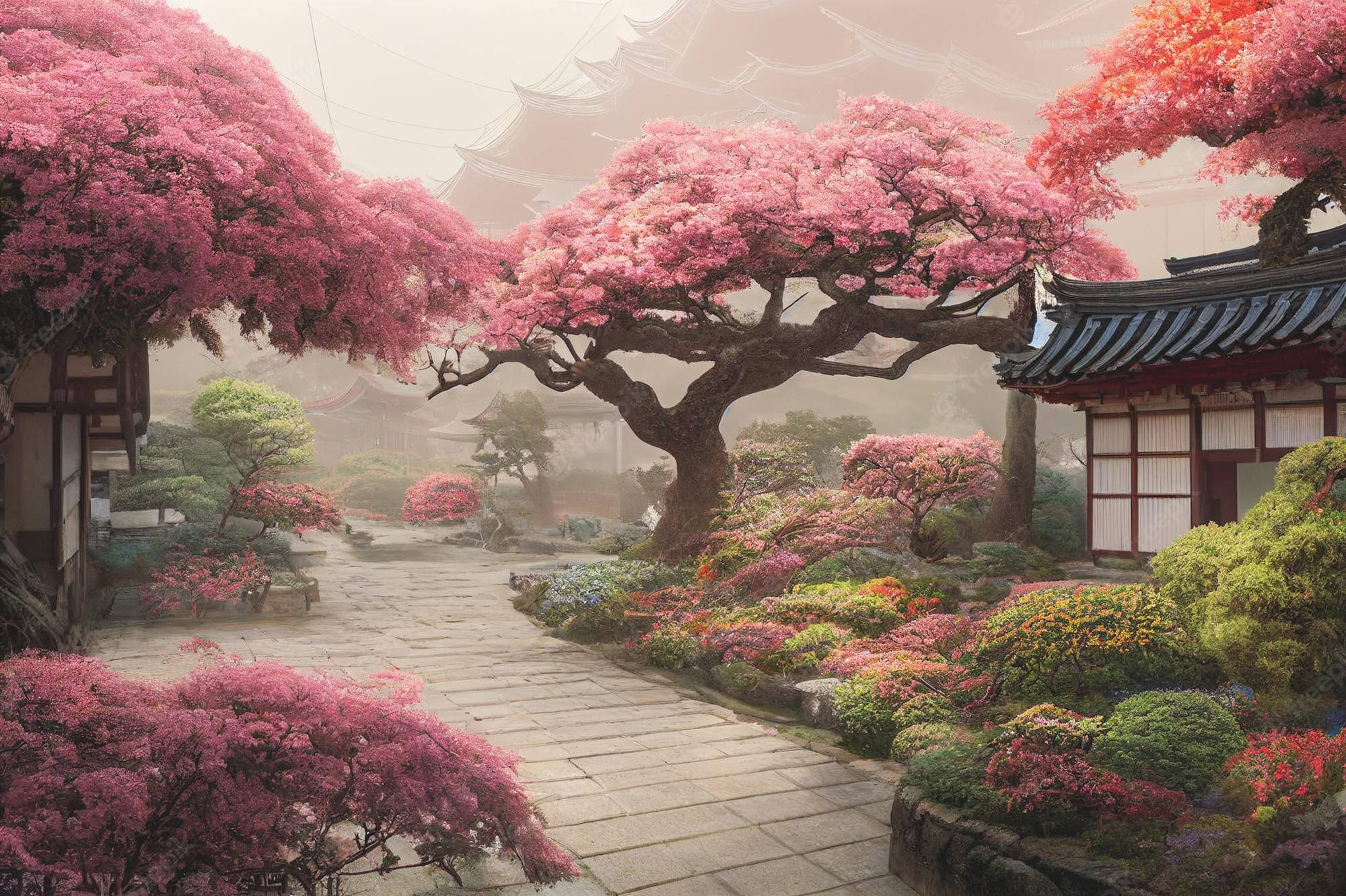 Japanske Kirsebærblomster Tågede Huse Wallpapers
