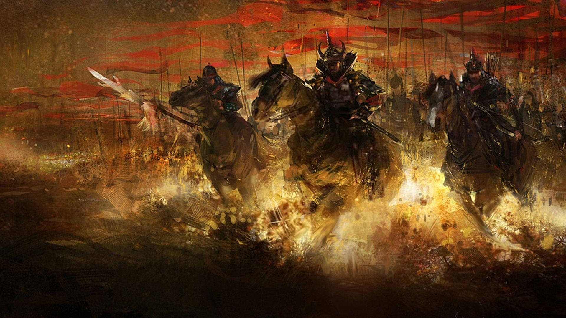 Japanske samurajer med flammer og heste Wallpapers